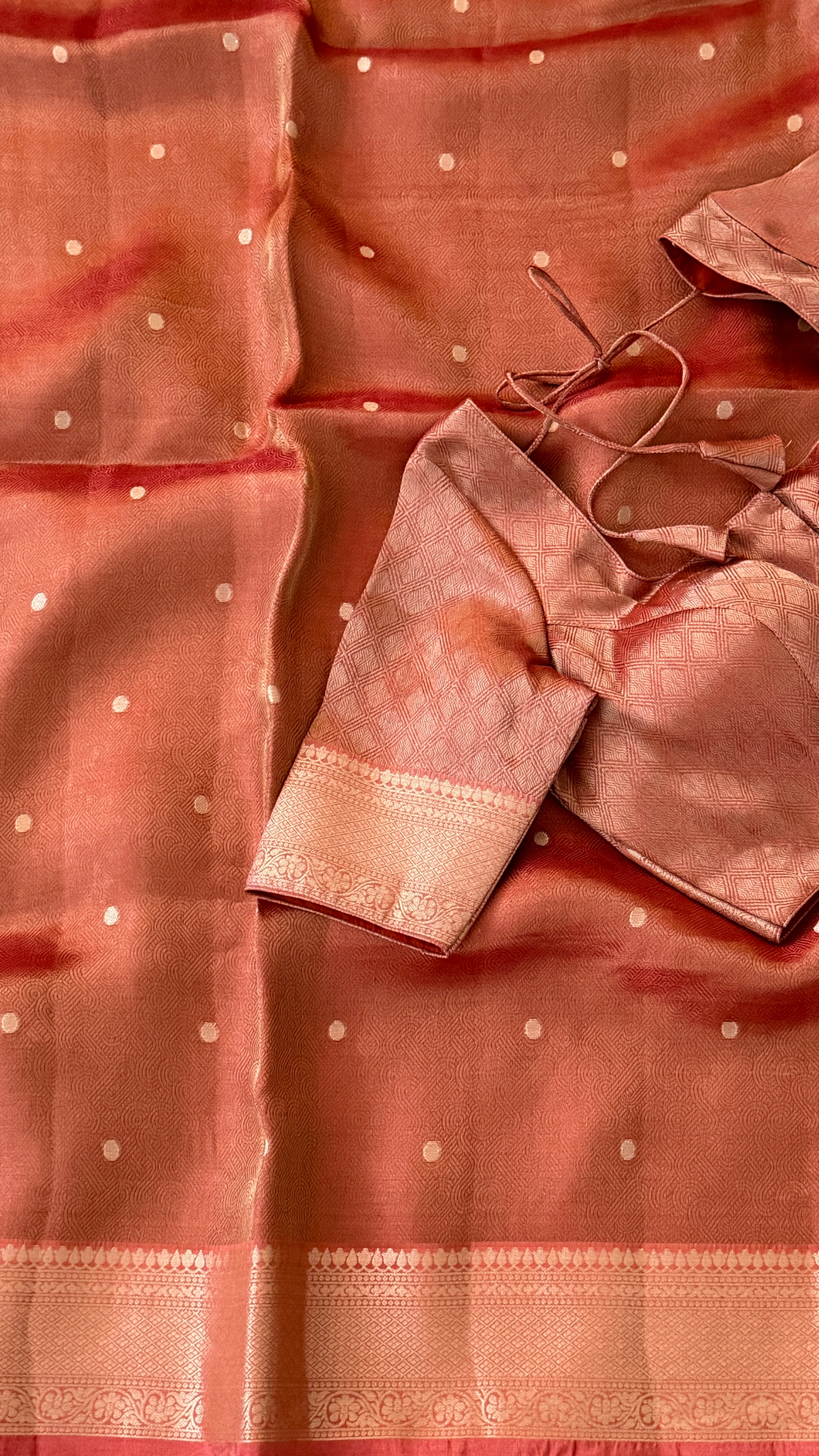 Rust Polka Tissue Silk Saree