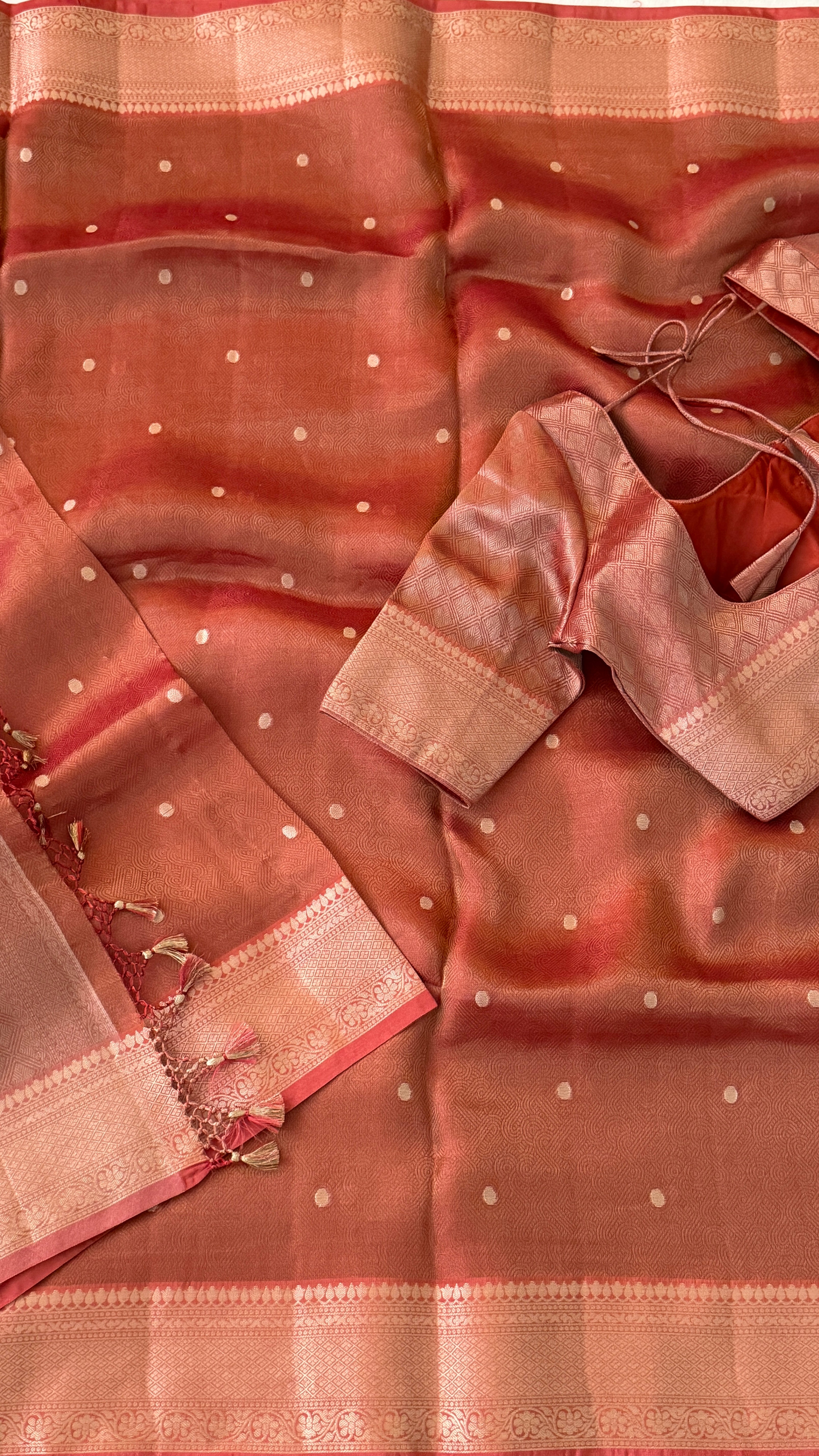 Rust Polka Tissue Silk Saree
