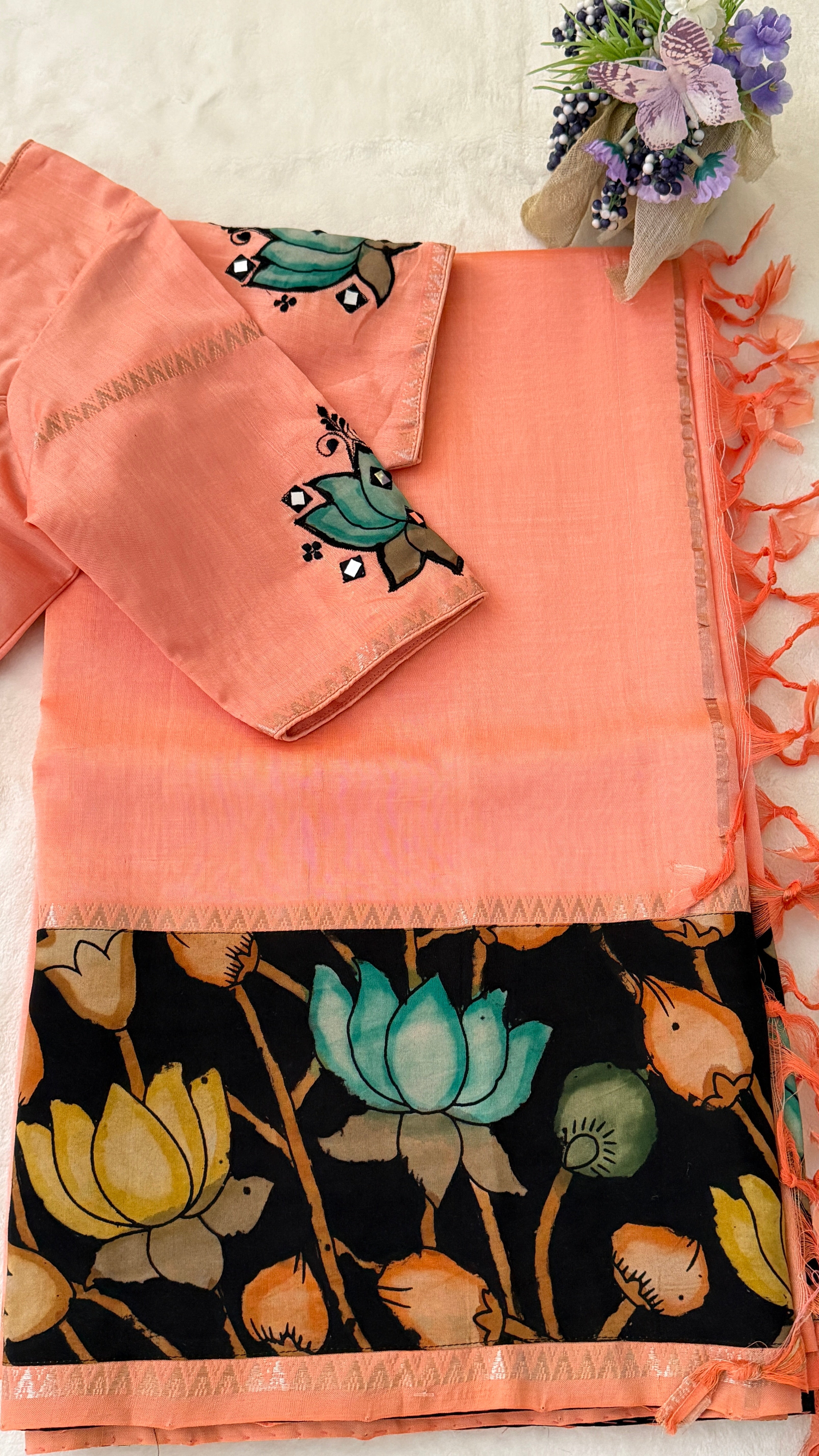 Peach Kalamkari Mangalagiri Silk Saree