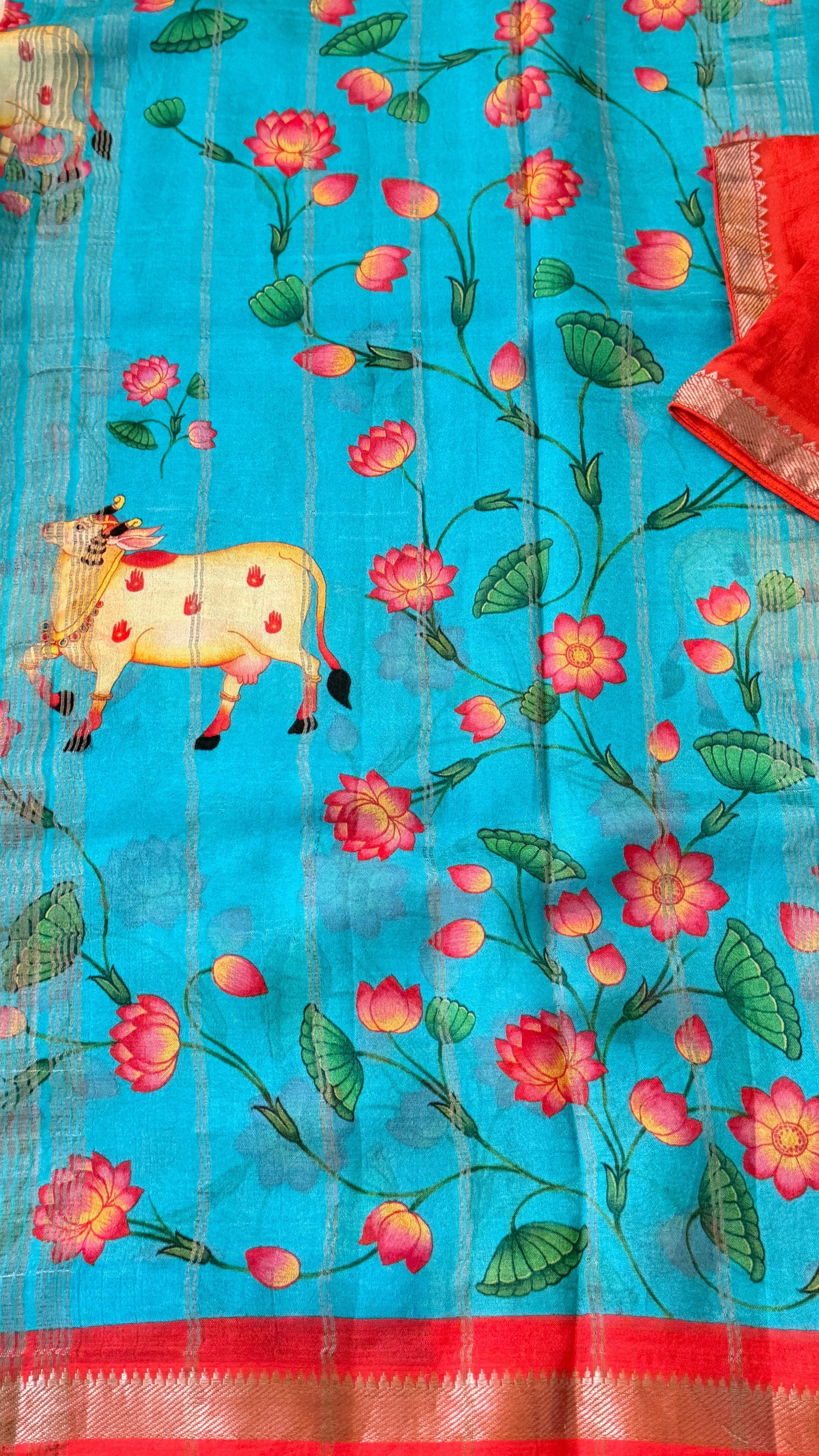 Blue & Orange Kalamkari Mangalagiri Saree
