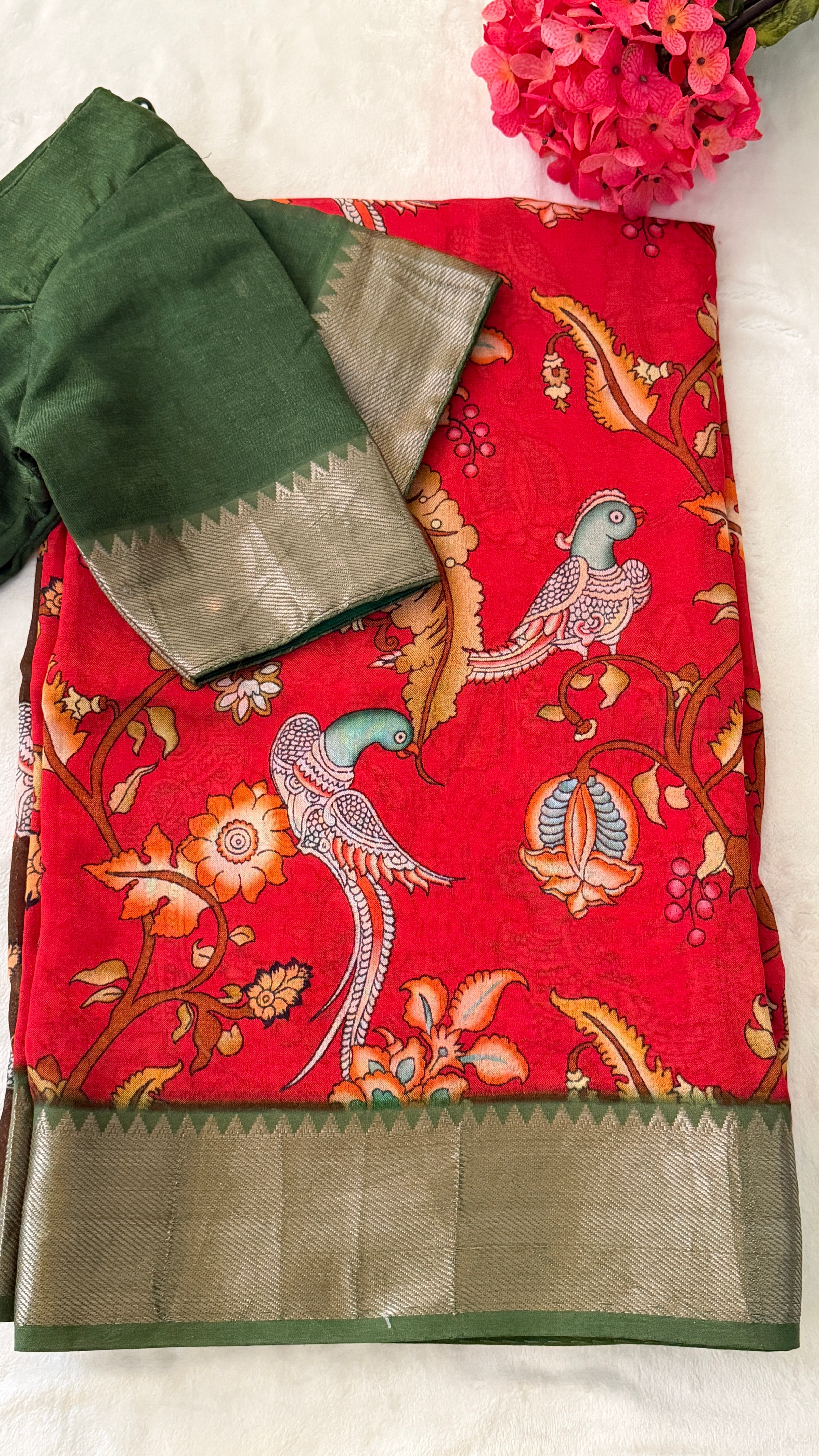 Red & Green Kalamkari Mangalagiri Saree