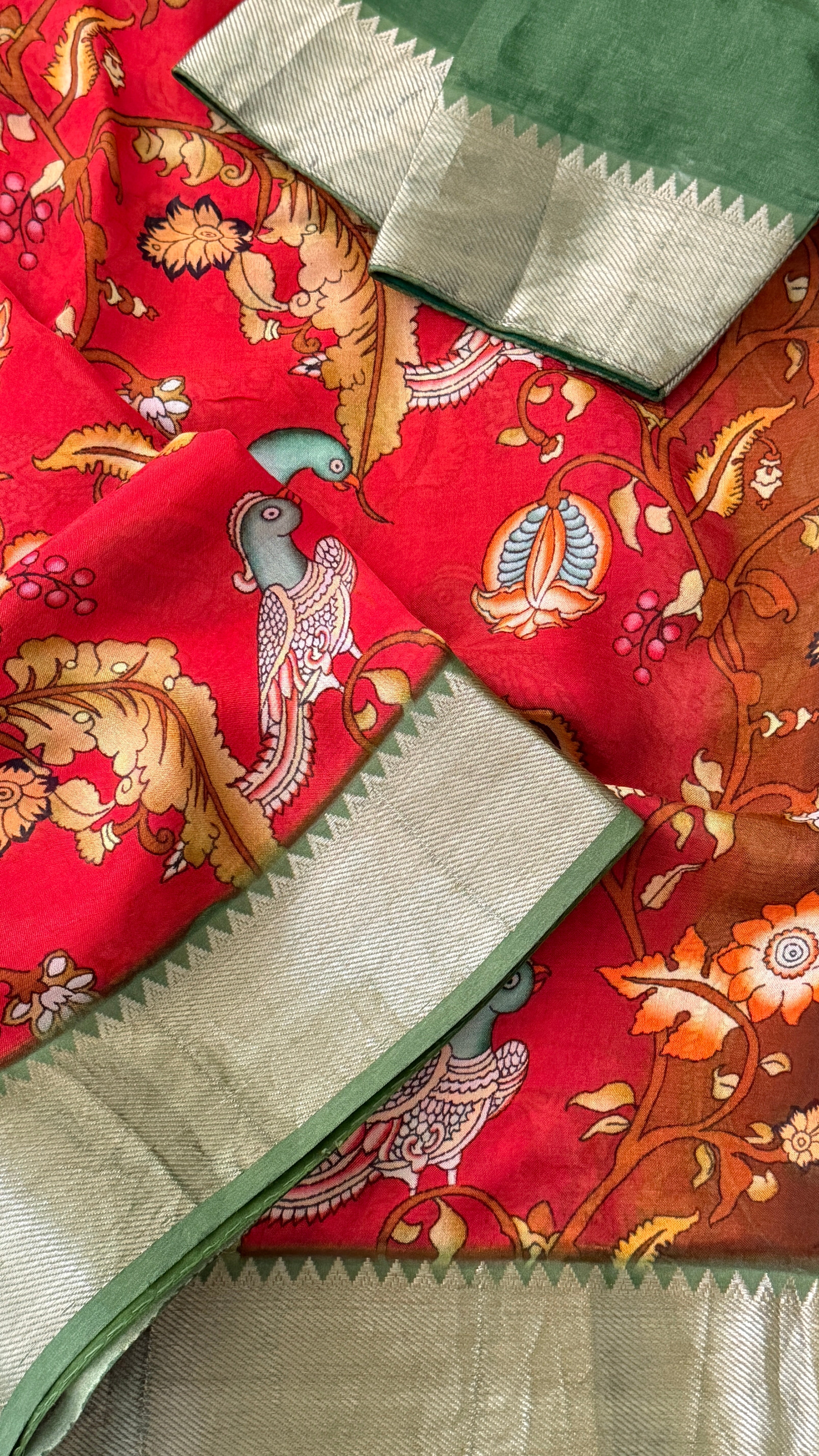 Red & Green Kalamkari Mangalagiri Saree