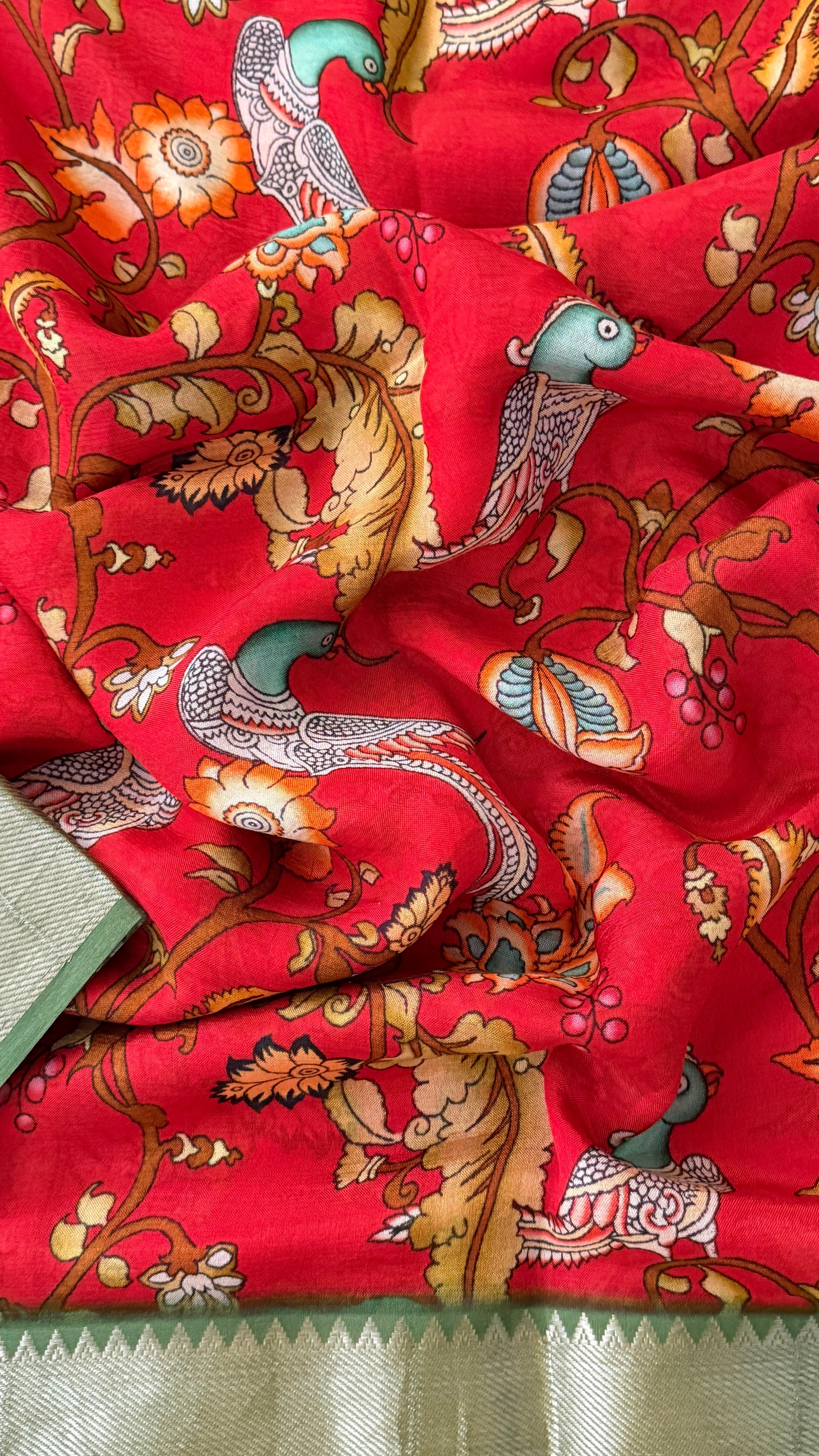Red & Green Kalamkari Mangalagiri Saree