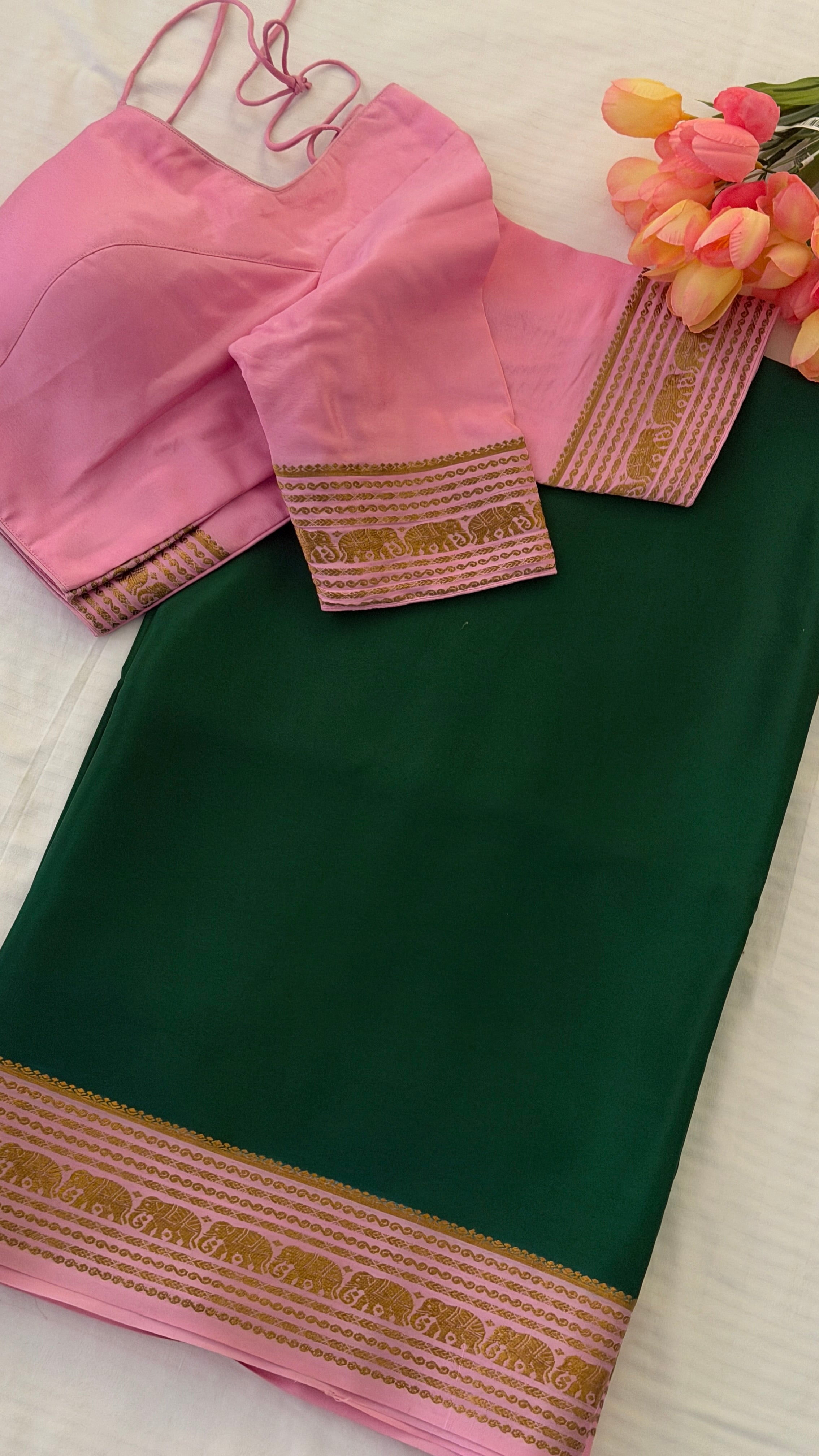 Bottle Green & Baby Pink Mysore Silk Saree