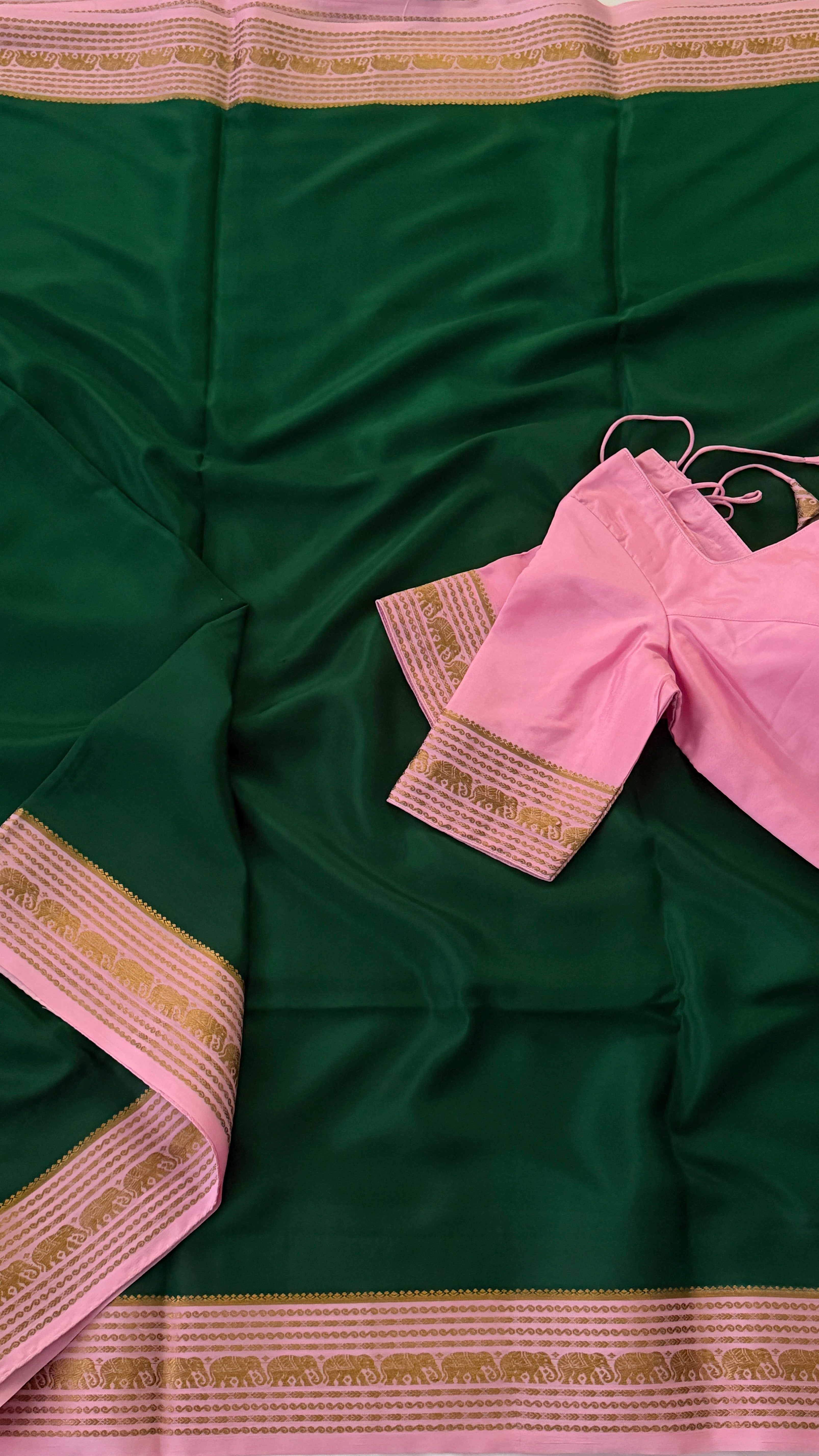 Bottle Green & Baby Pink Mysore Silk Saree