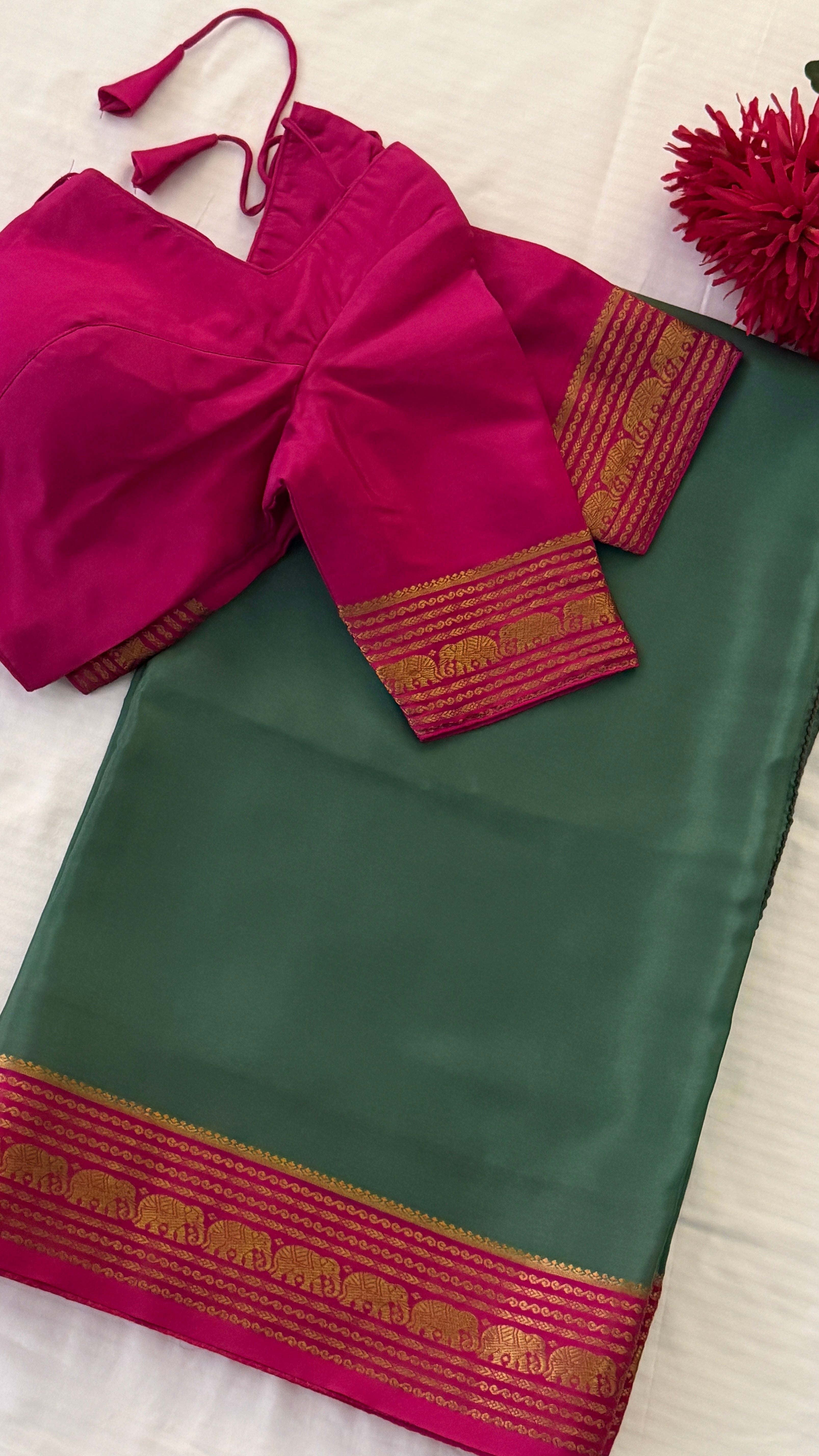 Sage Green & Pink Mysore Silk Saree