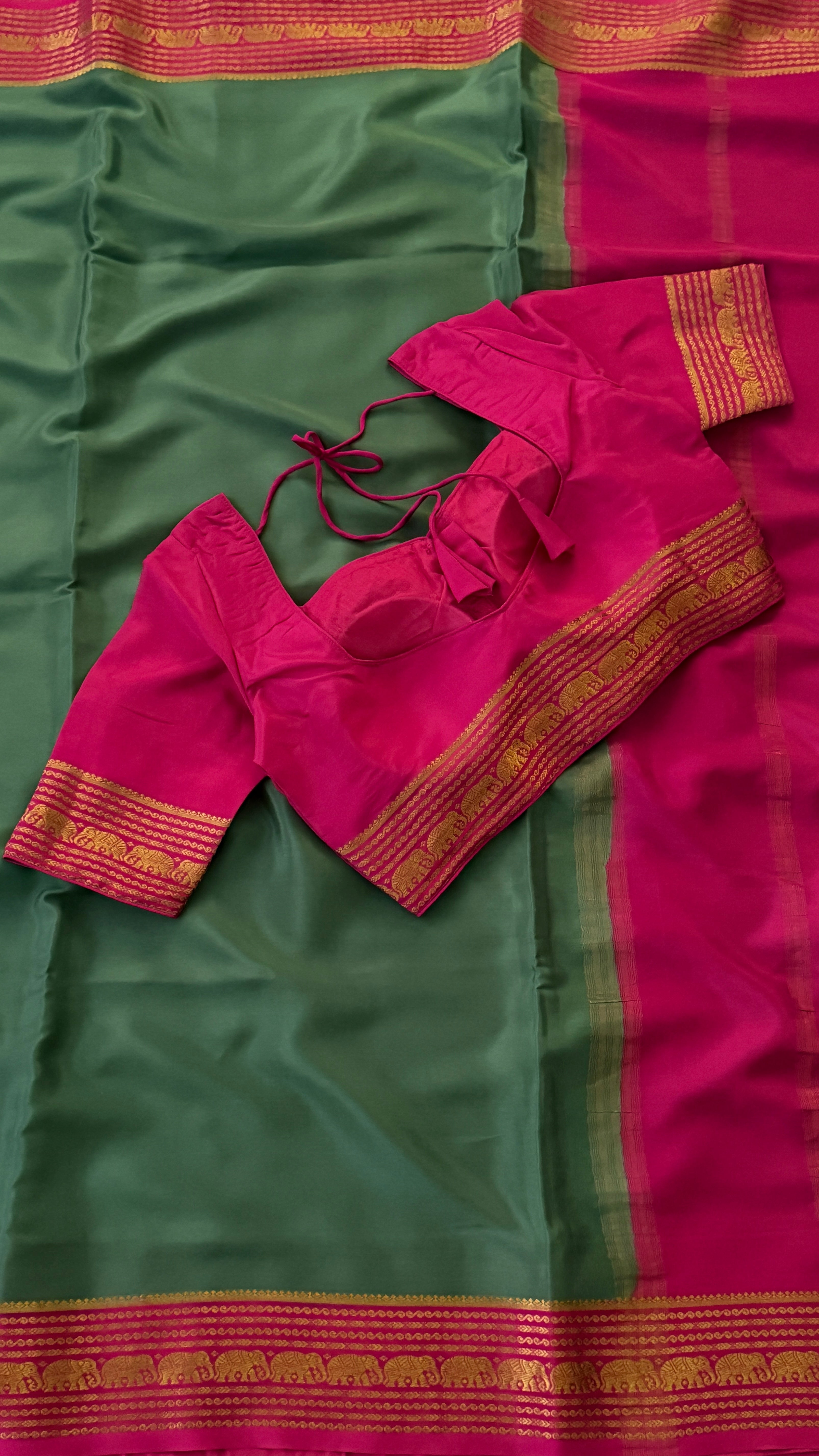 Sage Green & Pink Mysore Silk Saree