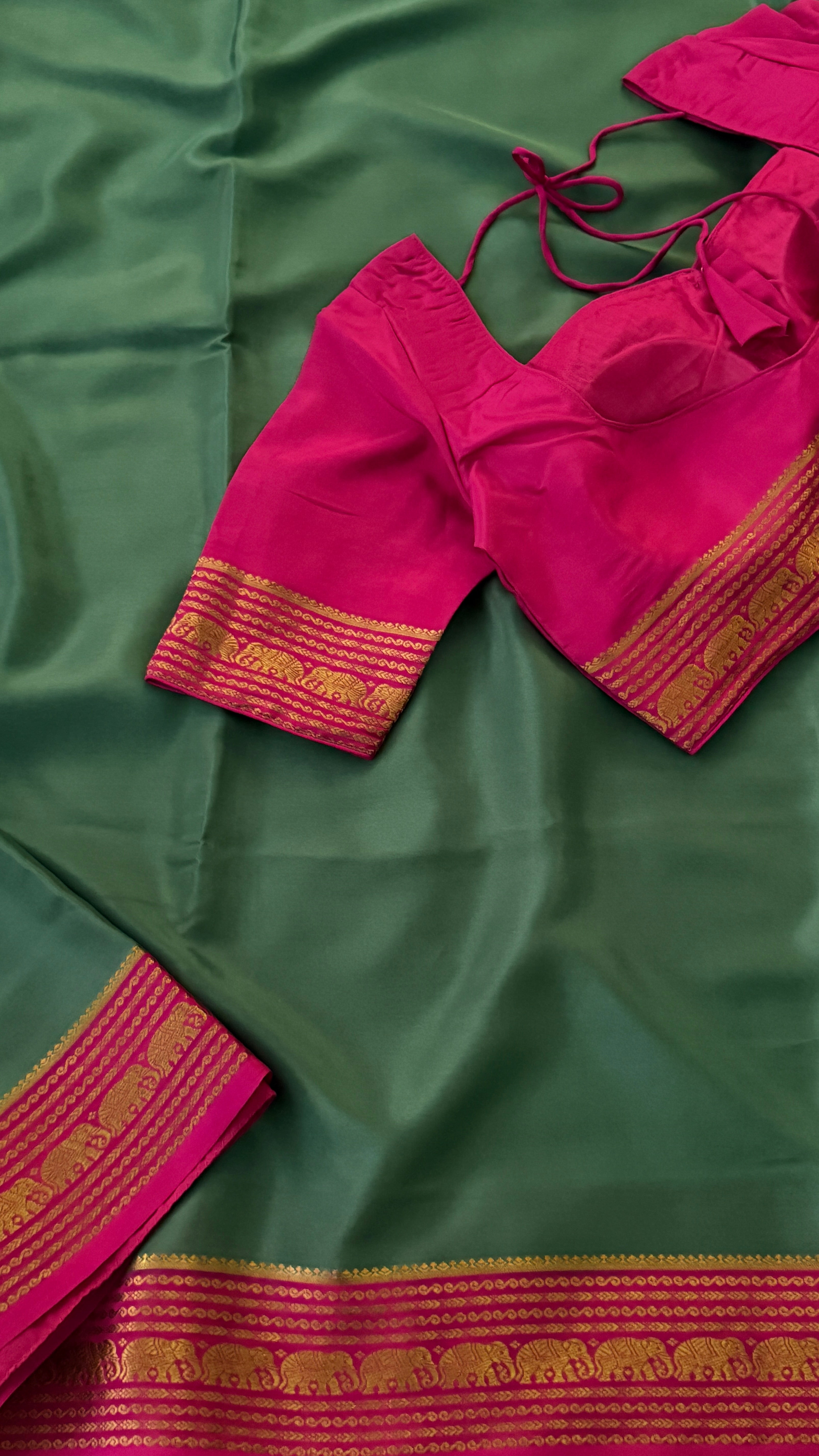 Sage Green & Pink Mysore Silk Saree