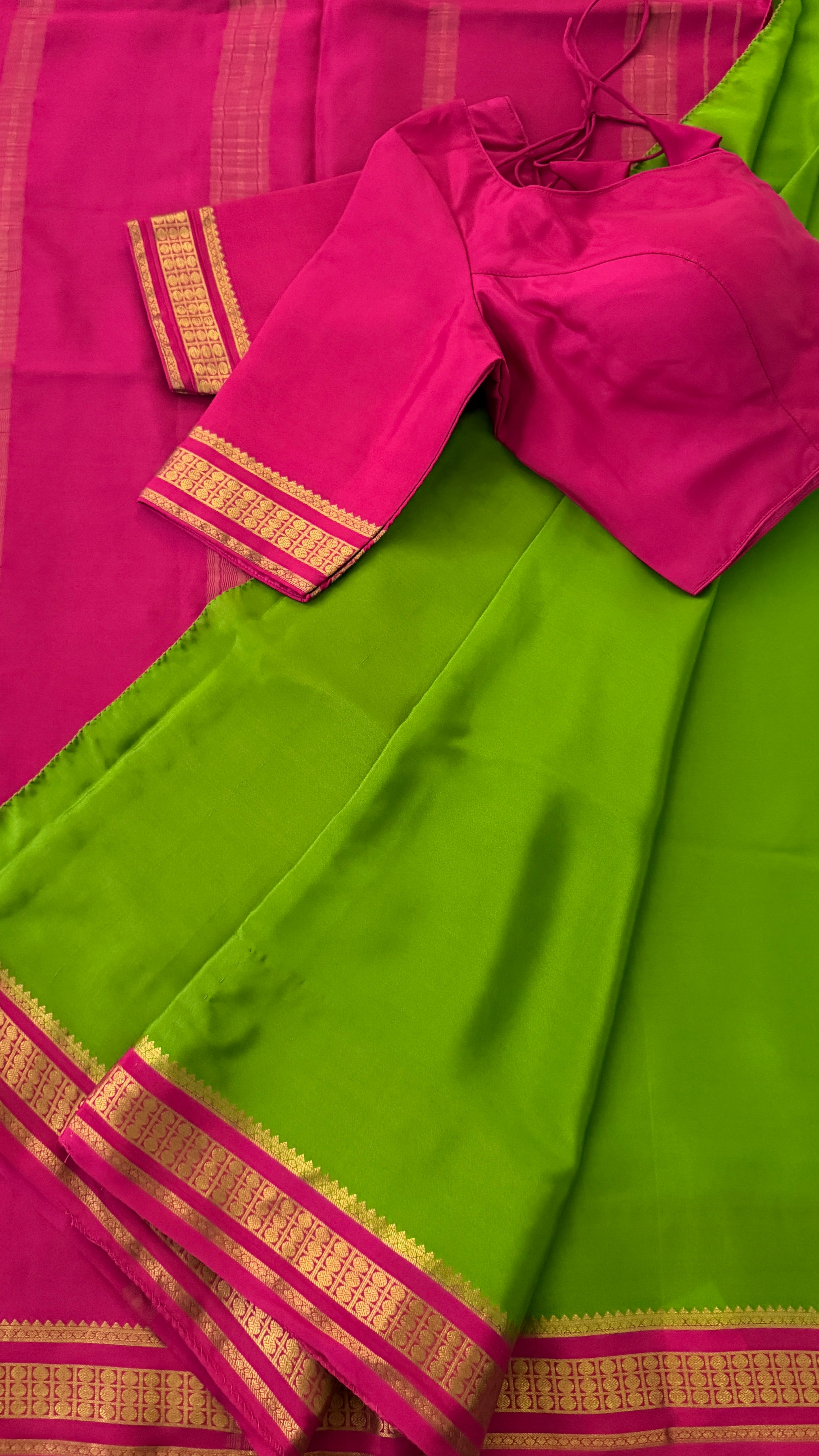 Parrot Green & Pink Mysore Silk Saree