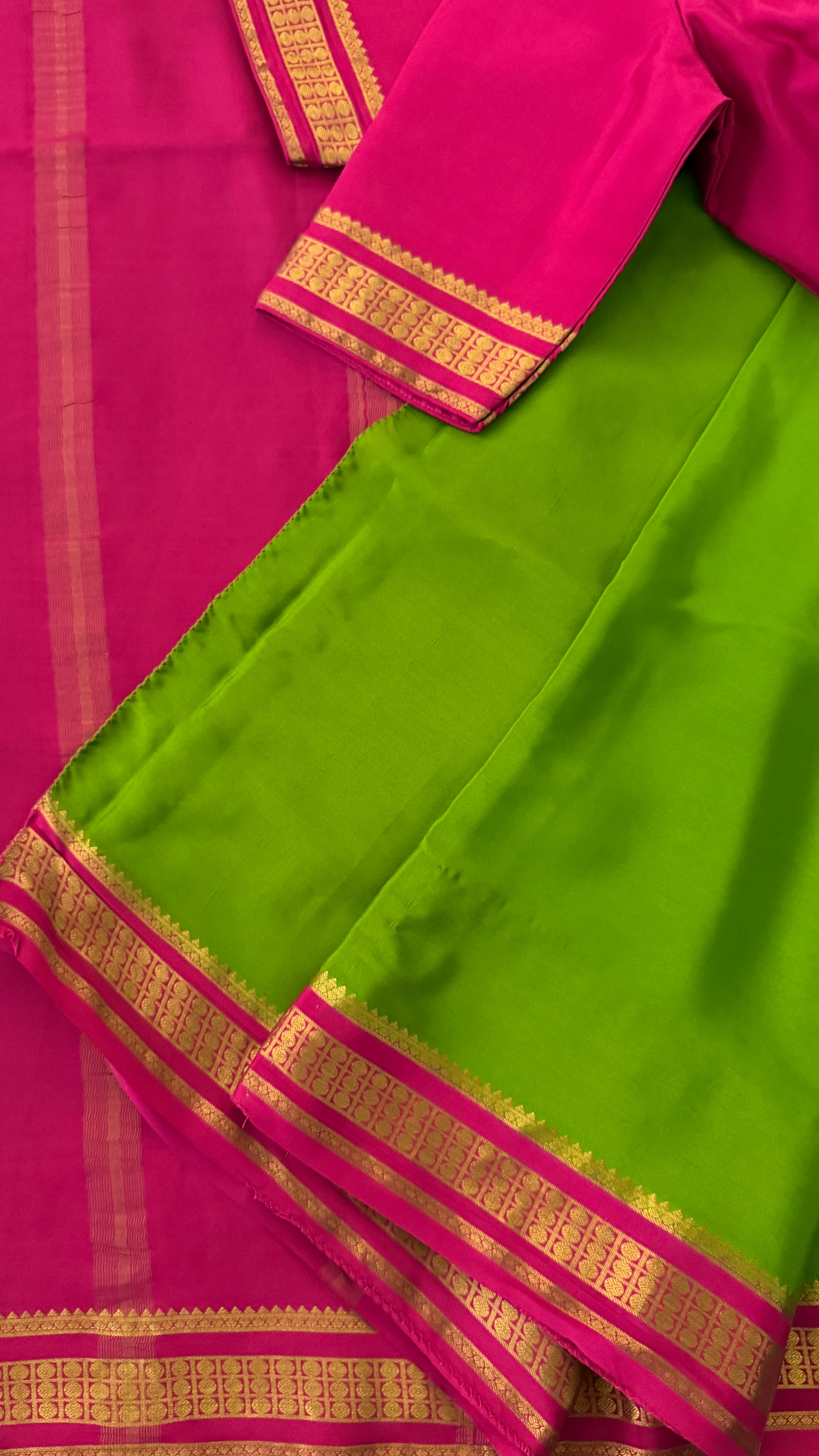 Parrot Green & Pink Mysore Silk Saree