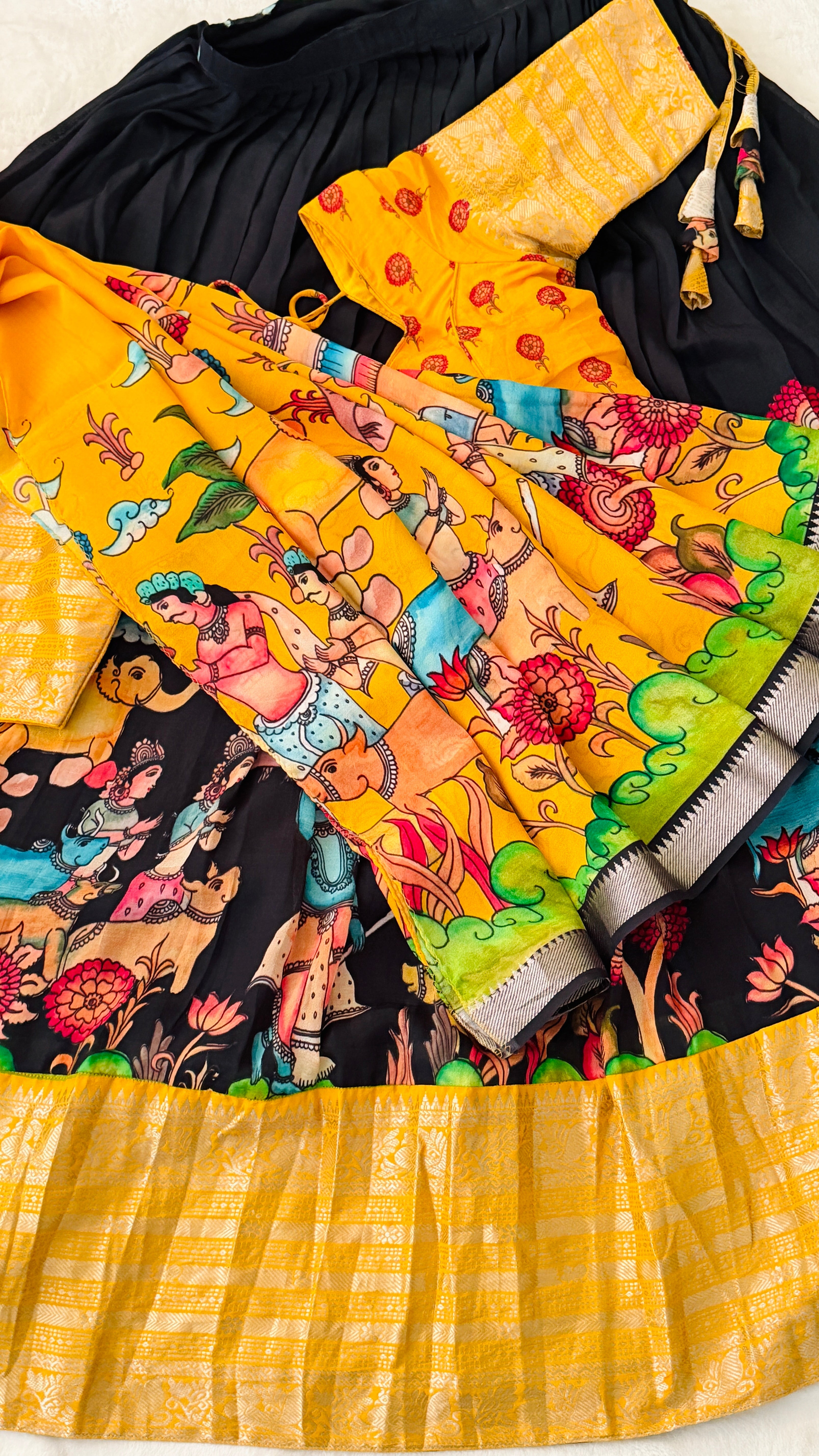 Black & Mustard Kalamkari Half Saree