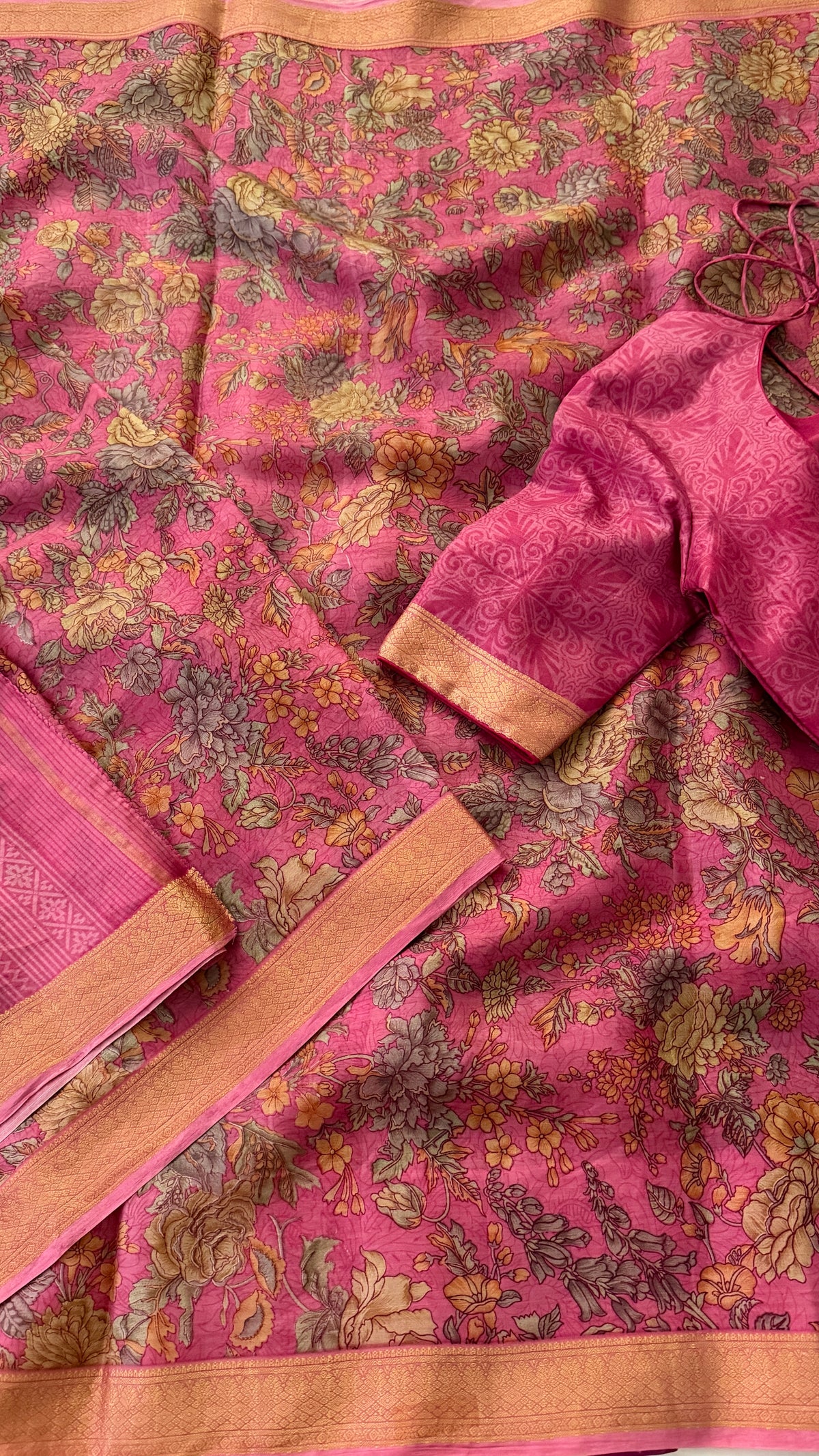 Pink Floral Print Silk Saree