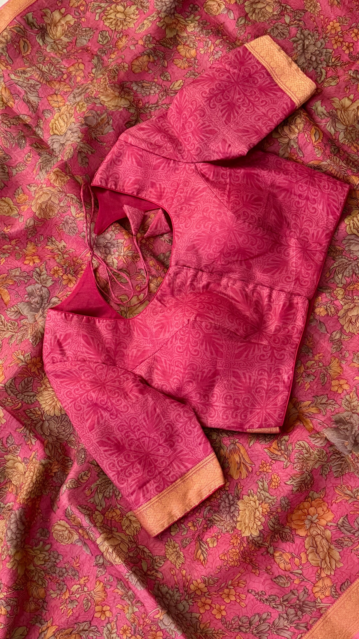 Pink Floral Print Silk Saree