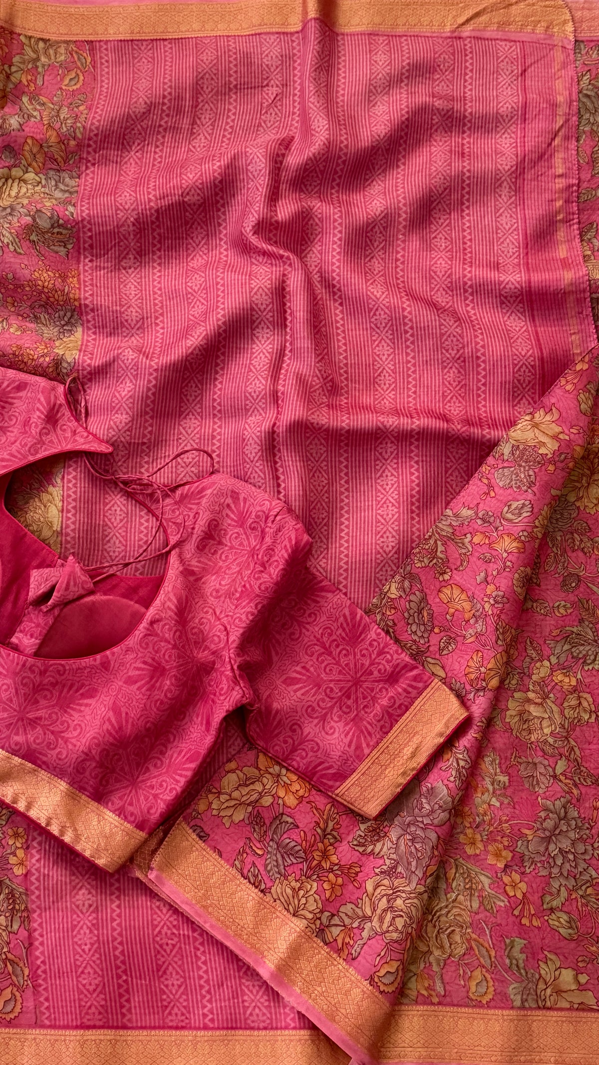Pink Floral Print Silk Saree