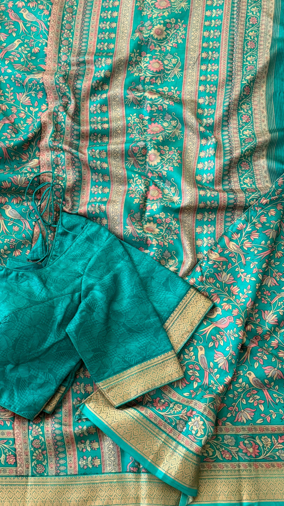 Teal Floral Print Silk Saree