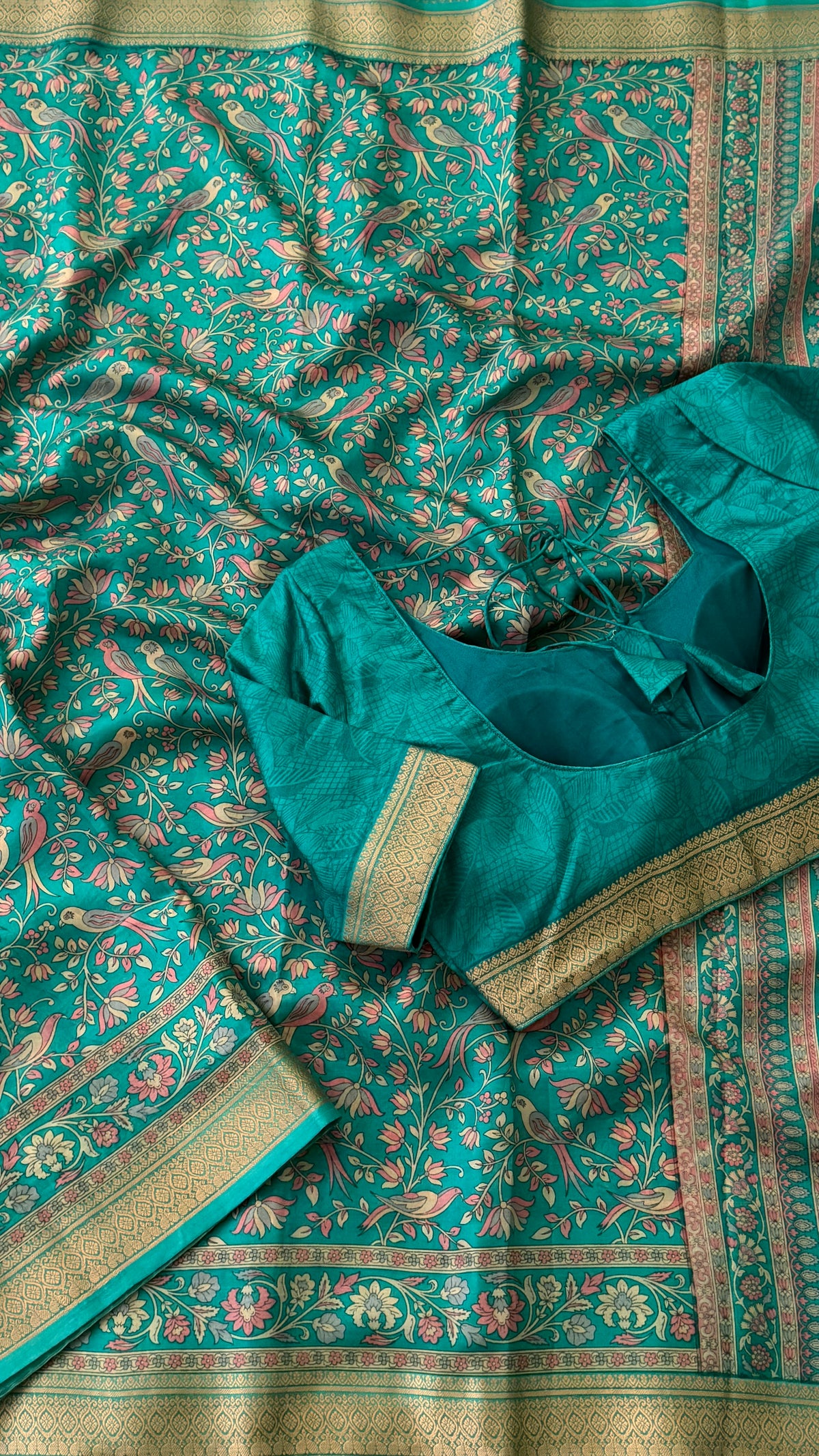 Teal Floral Print Silk Saree