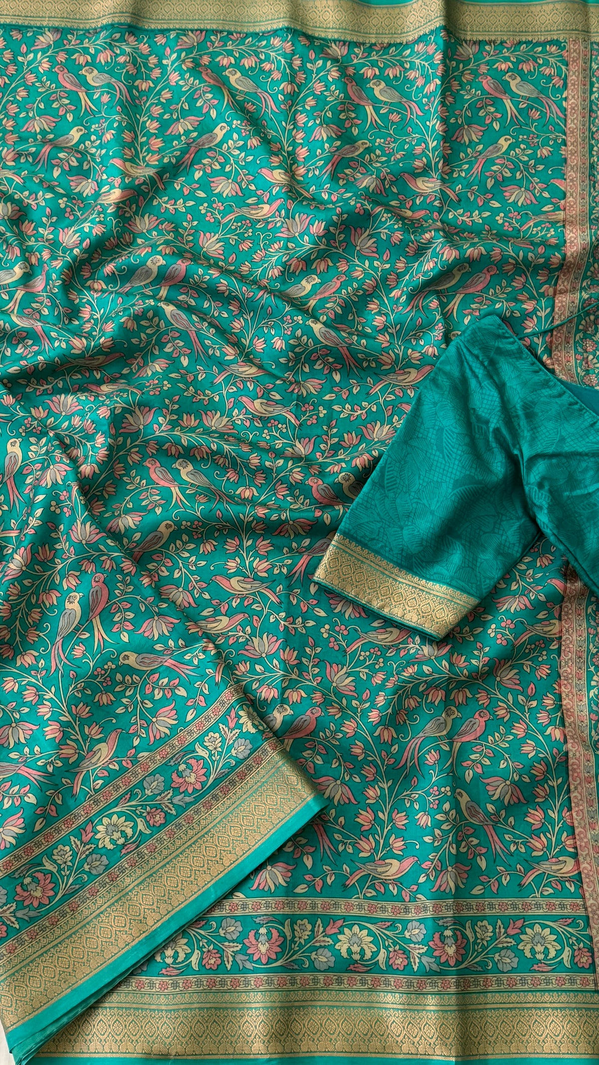 Teal Floral Print Silk Saree