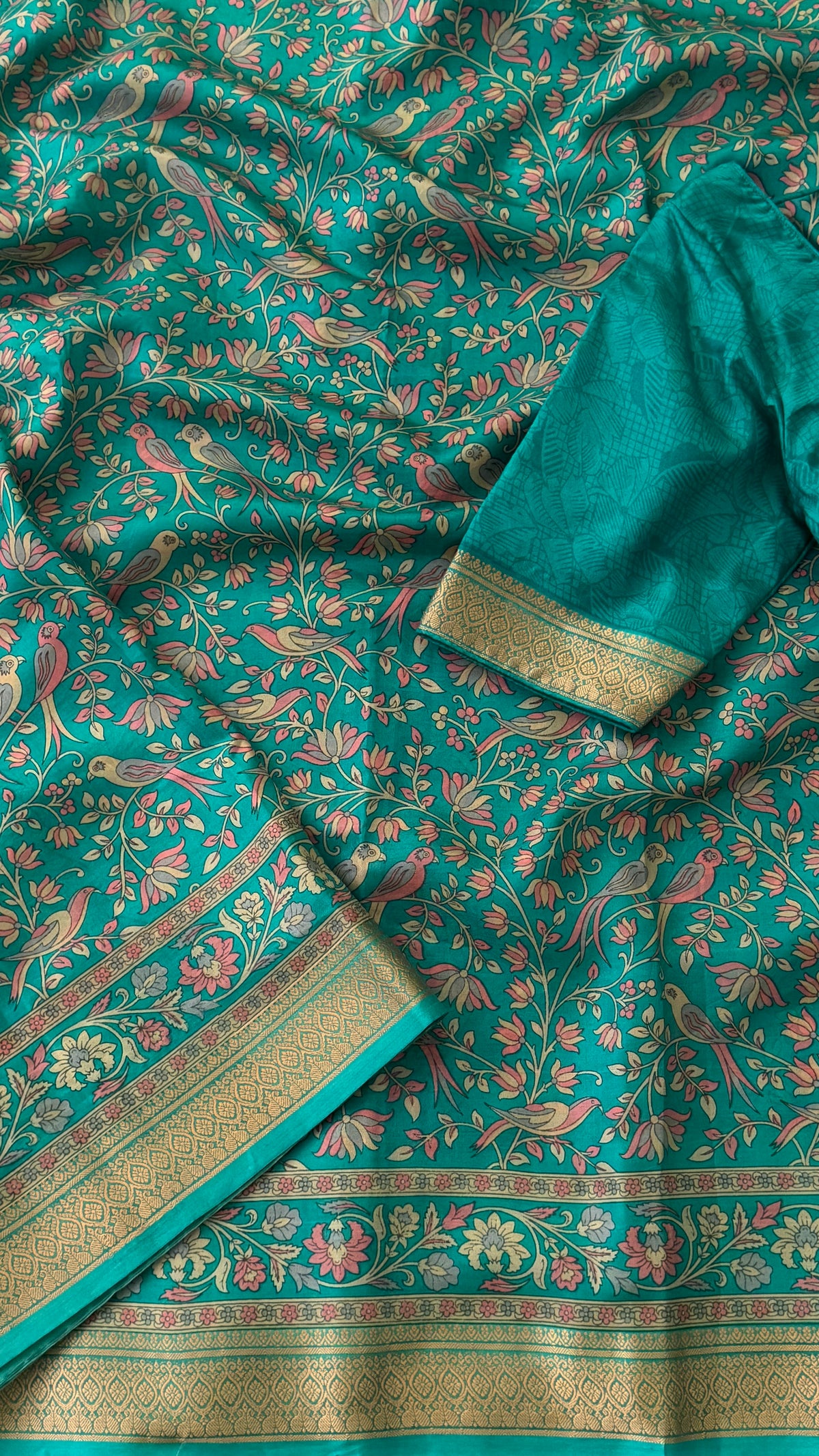 Teal Floral Print Silk Saree