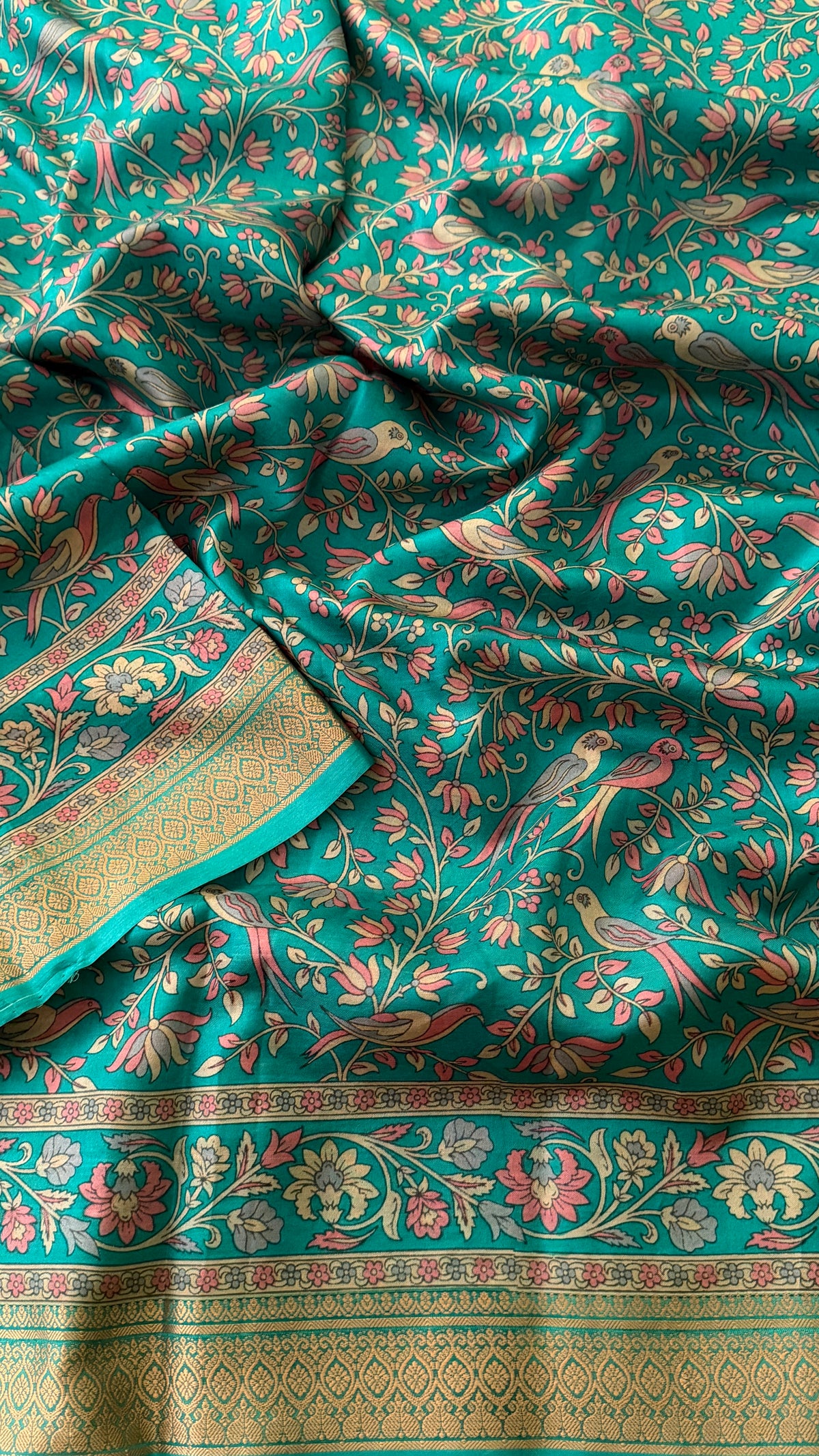 Teal Floral Print Silk Saree