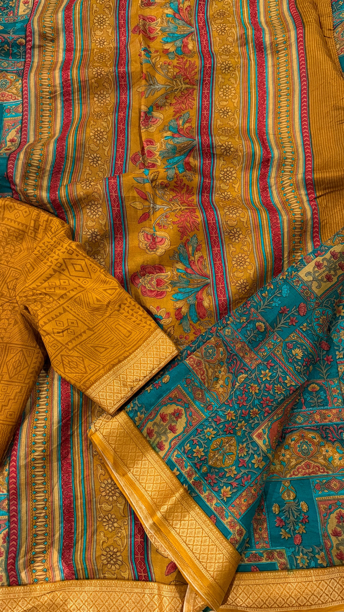 Teal Printed Silk Saree