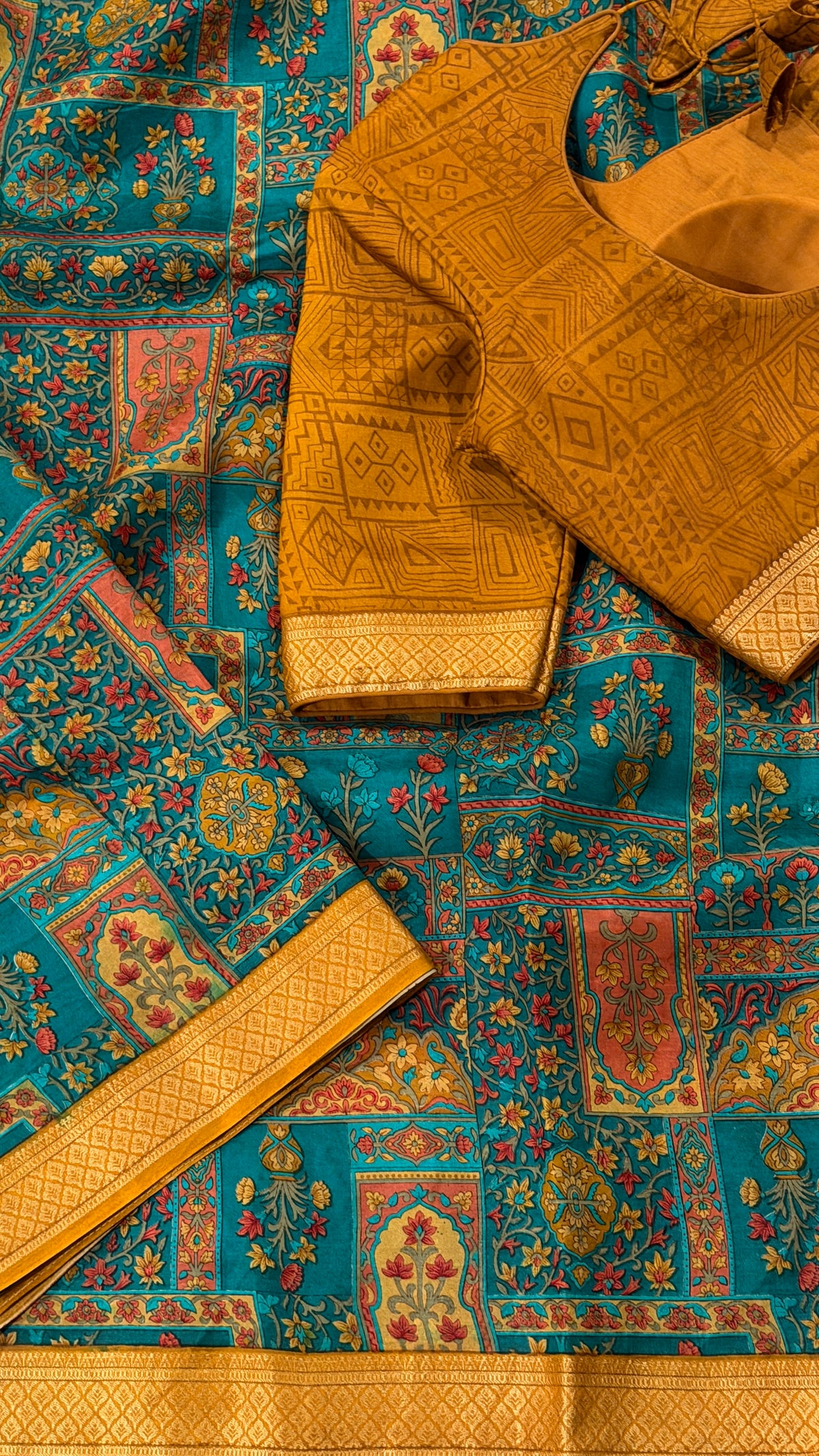 Teal Printed Silk Saree