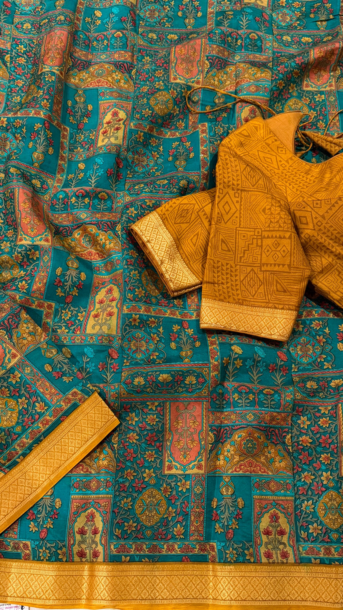Teal Printed Silk Saree