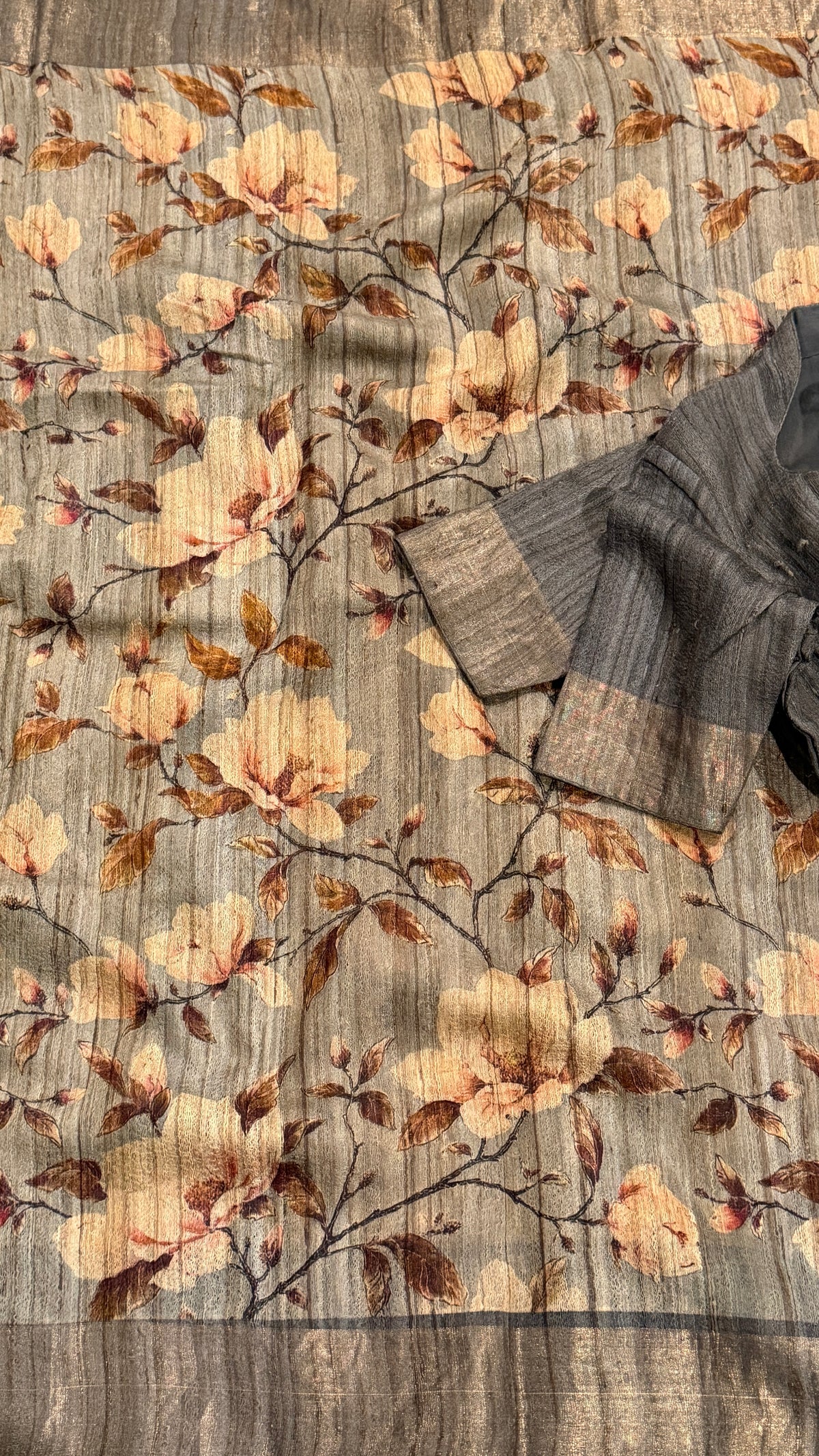 Grey Floral Raw Silk Saree