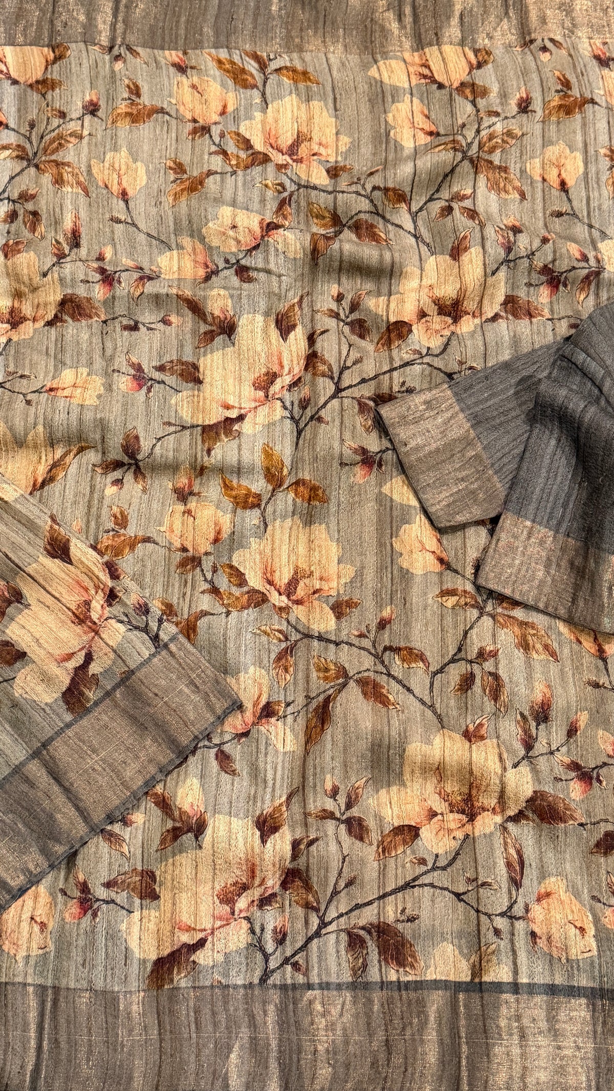 Grey Floral Raw Silk Saree