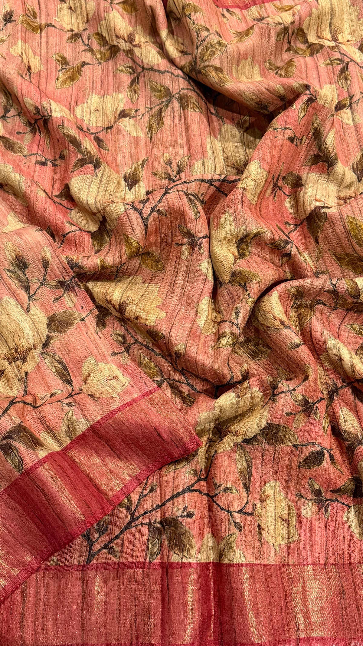 Soft Pink Floral Raw Silk Saree