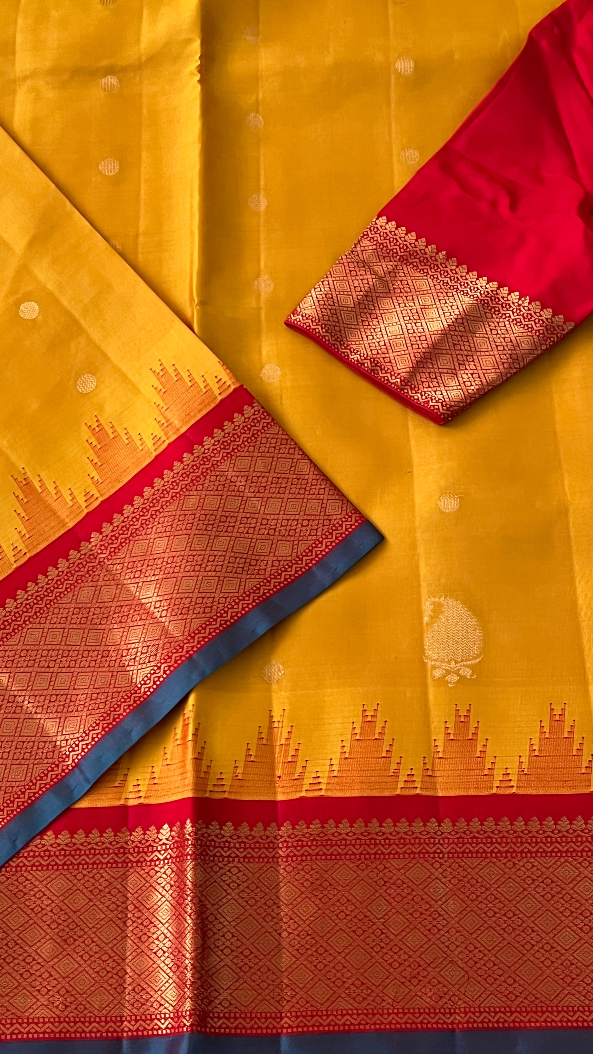 Mustard & Red Gadwal Silk Saree