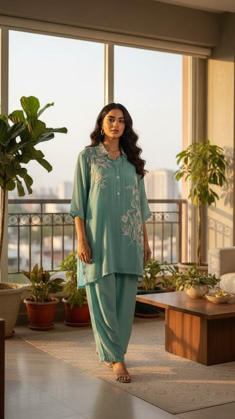 Embroidered Aqua Co-ord Set