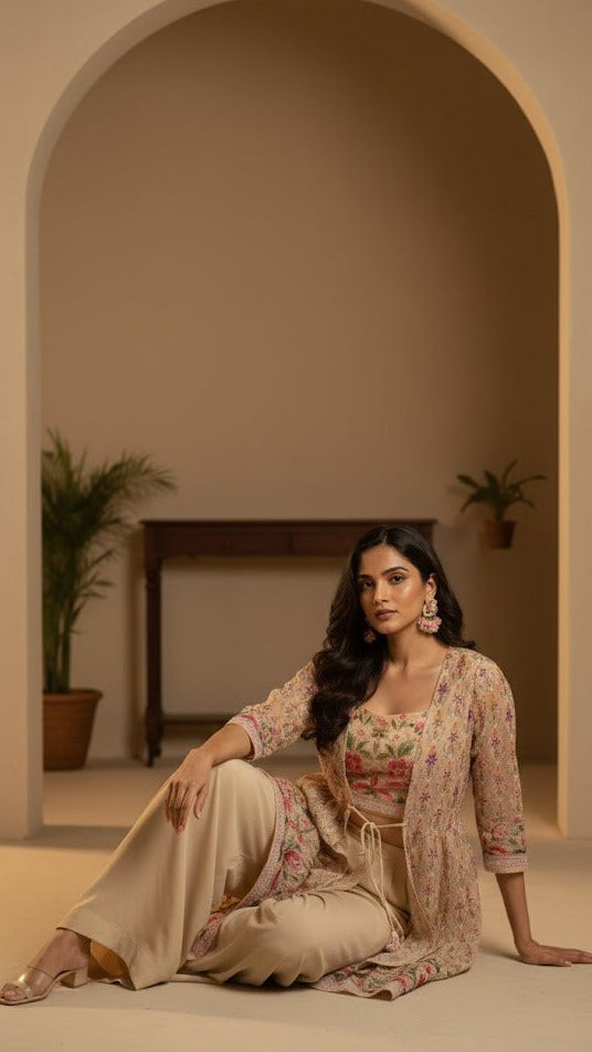 Beige Floral Embroidery Croptop Sharara