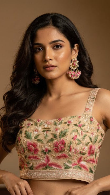 Beige Floral Embroidery Croptop Sharara