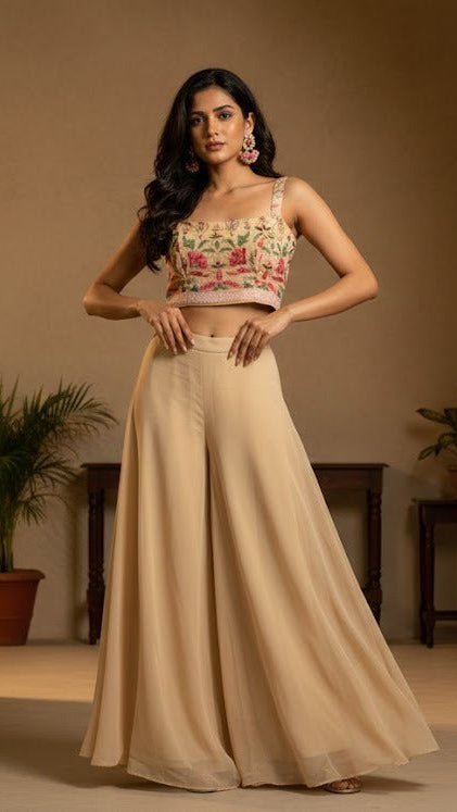 Beige Floral Embroidery Croptop Sharara