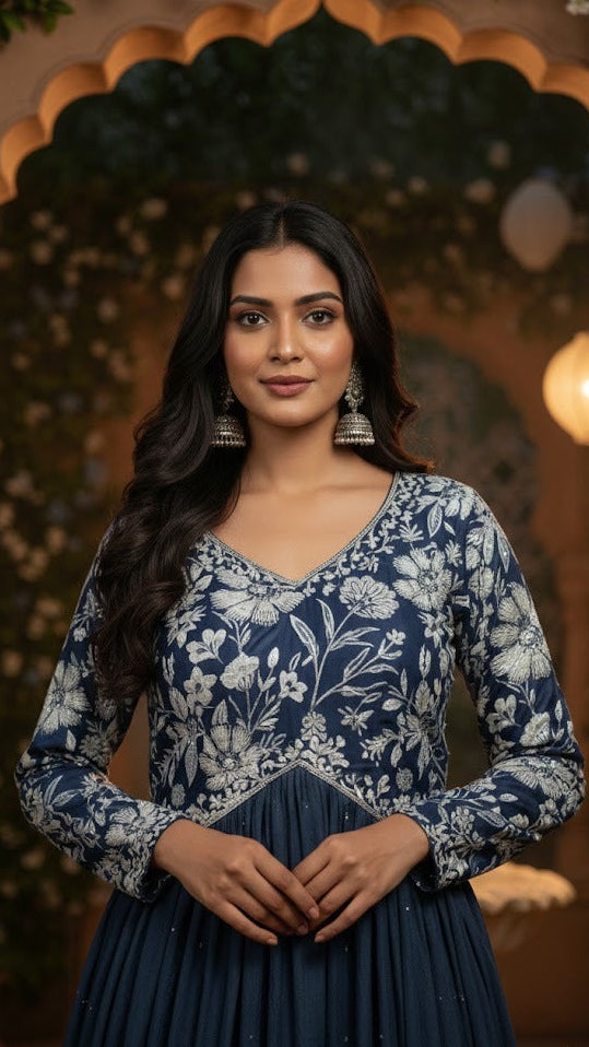 Navy Blue Floral Gown