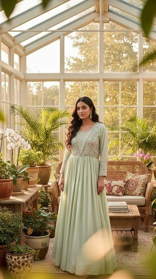 Pastel Green Pearl Work Gown