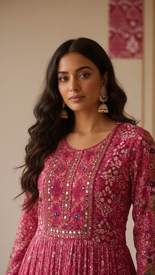 Pink Printed Crepe Gown