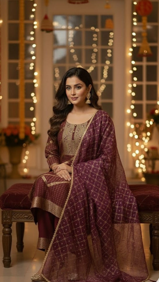 Wine Banarasi Suit