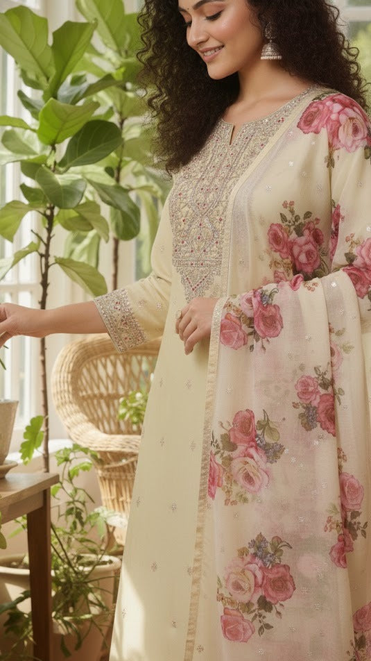 Cream Elegant Bloom Suit