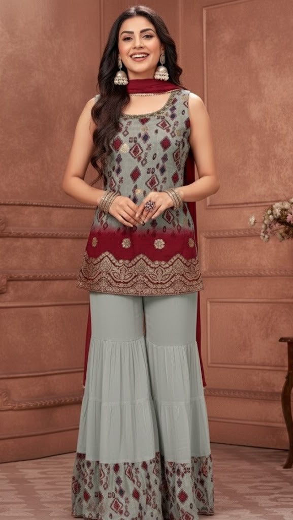 Silver & Wine Motif Sharara Suit