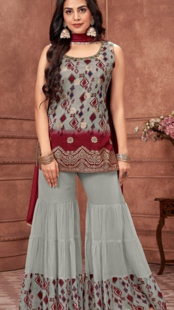 Silver & Wine Motif Sharara Suit