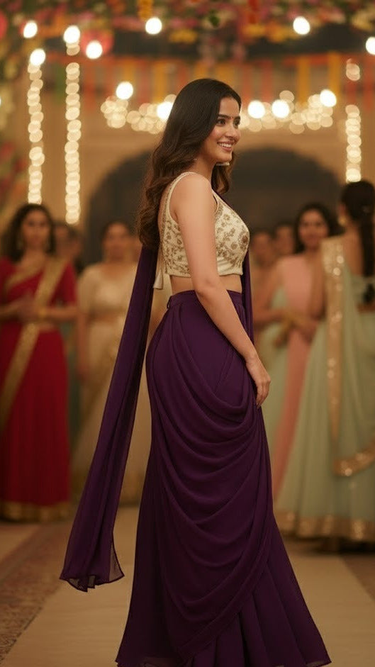 Wine & Cream Croptop Pre-Draped Sharara