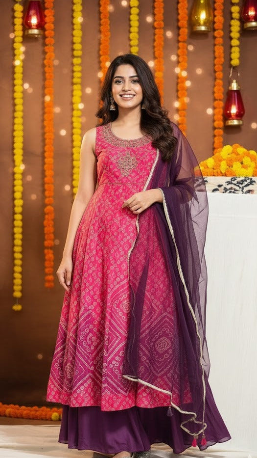 Pink & Purple Bandhani Sharara