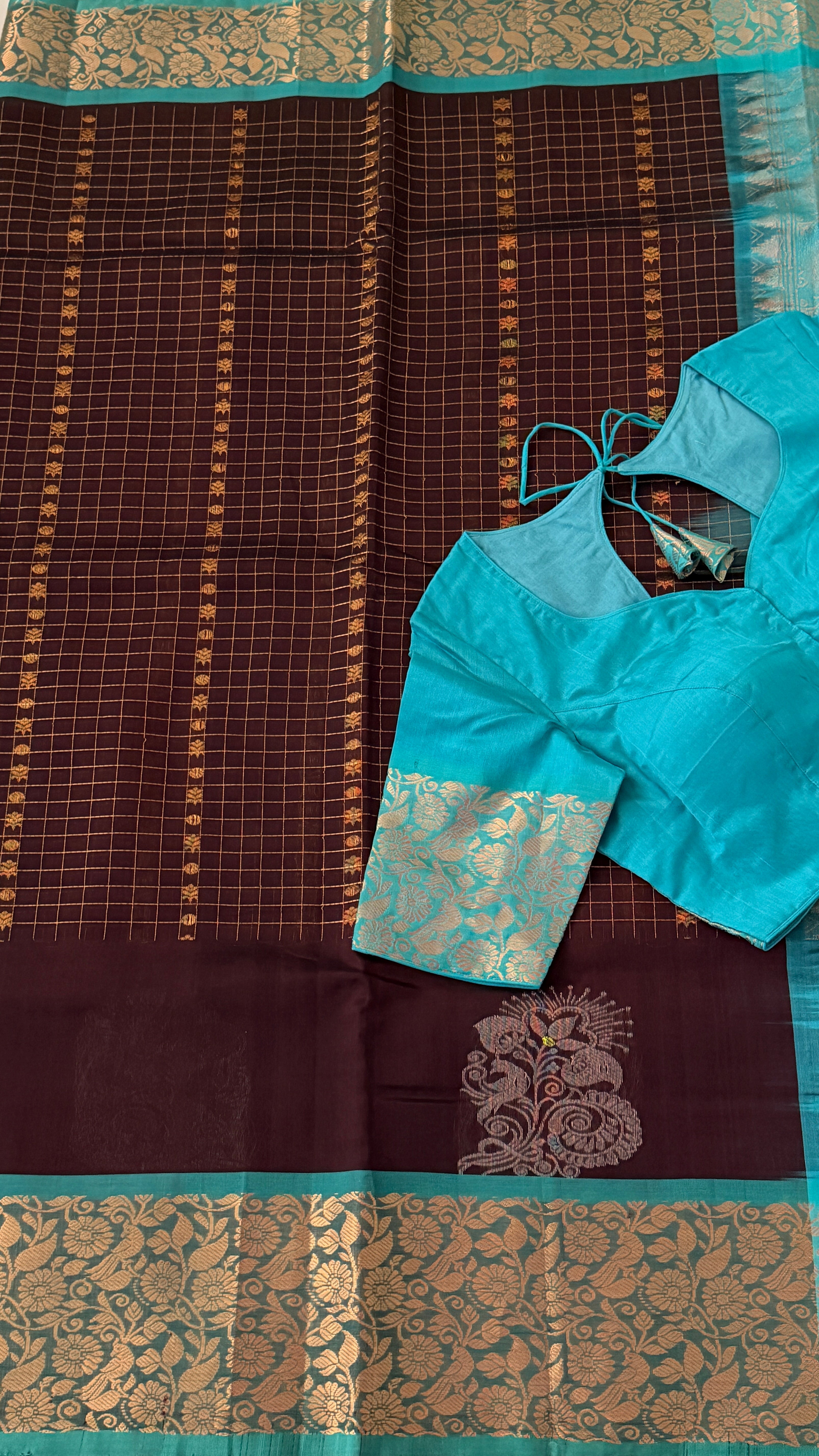 Brown & Blue Mangalagiri Silk Saree