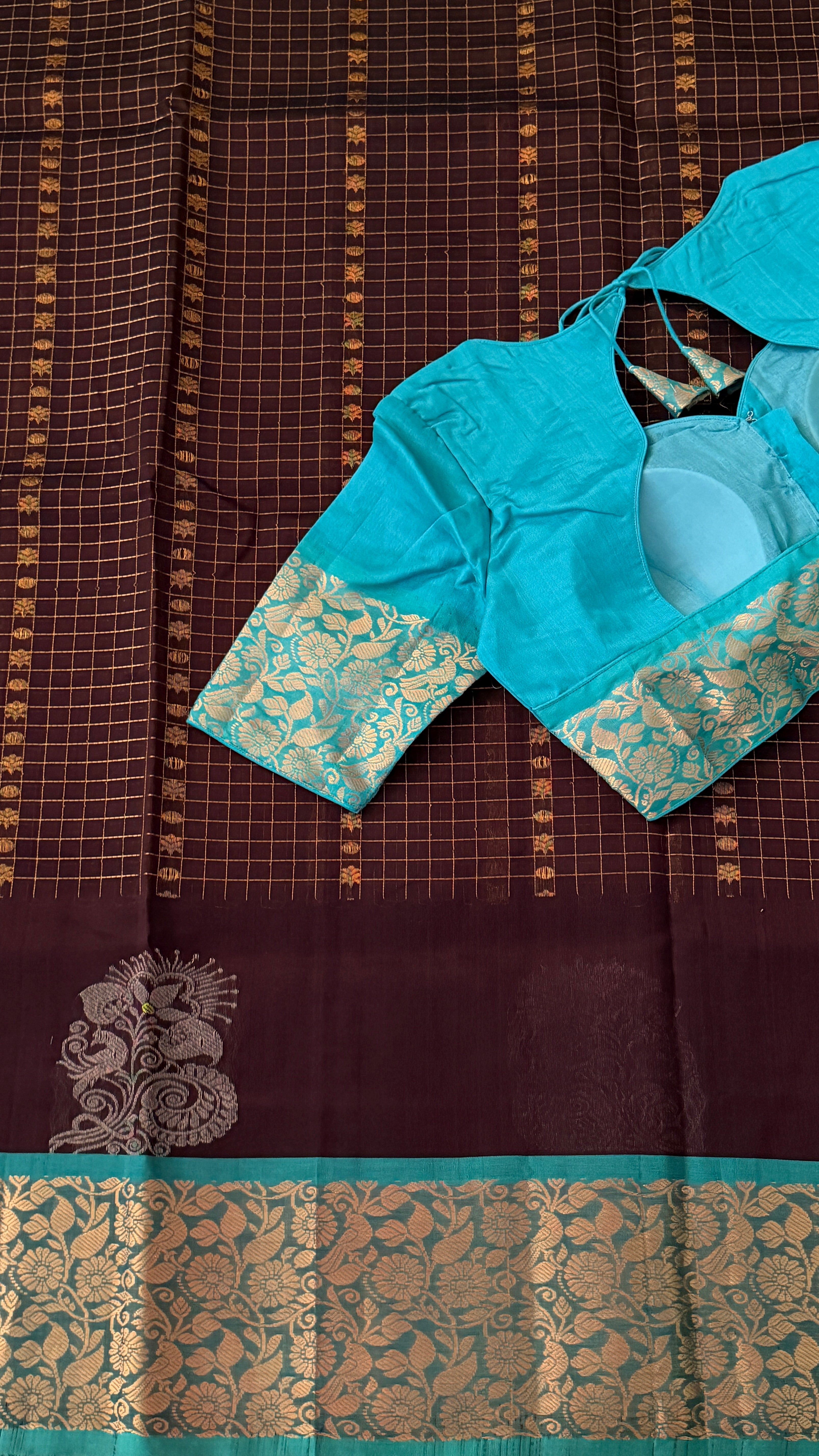 Brown & Blue Mangalagiri Silk Saree