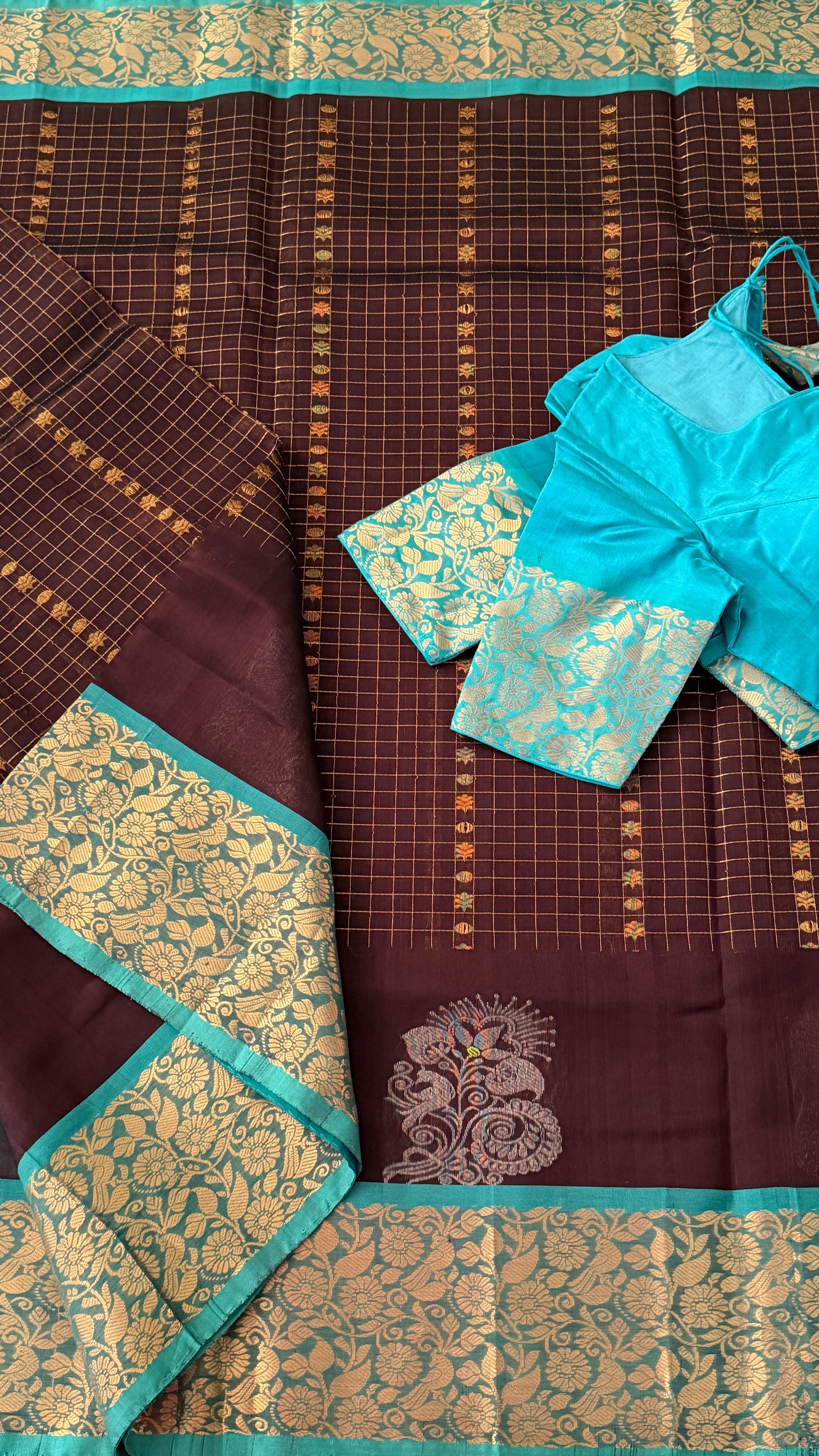 Brown & Blue Mangalagiri Silk Saree