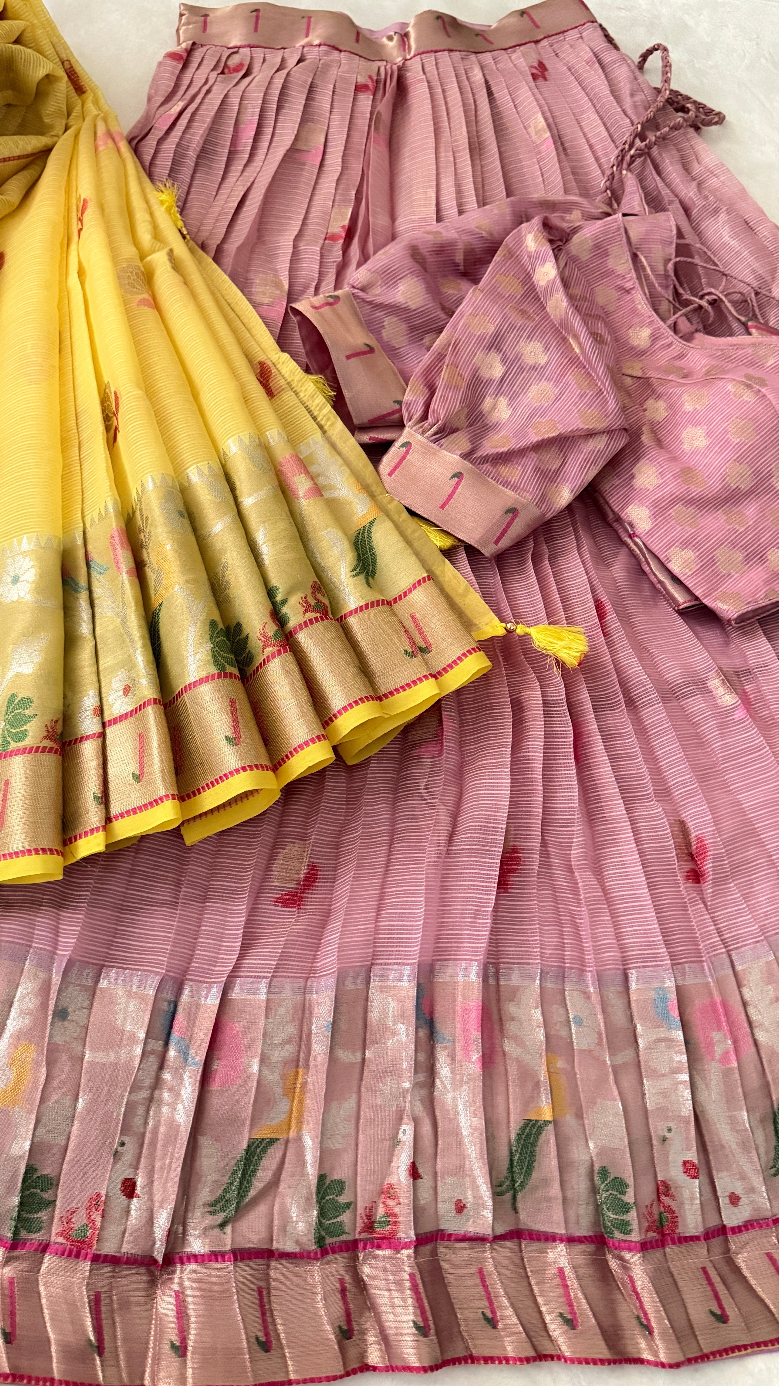 Pink & Lemon Yellow Kuppadam Silk Langa Voni