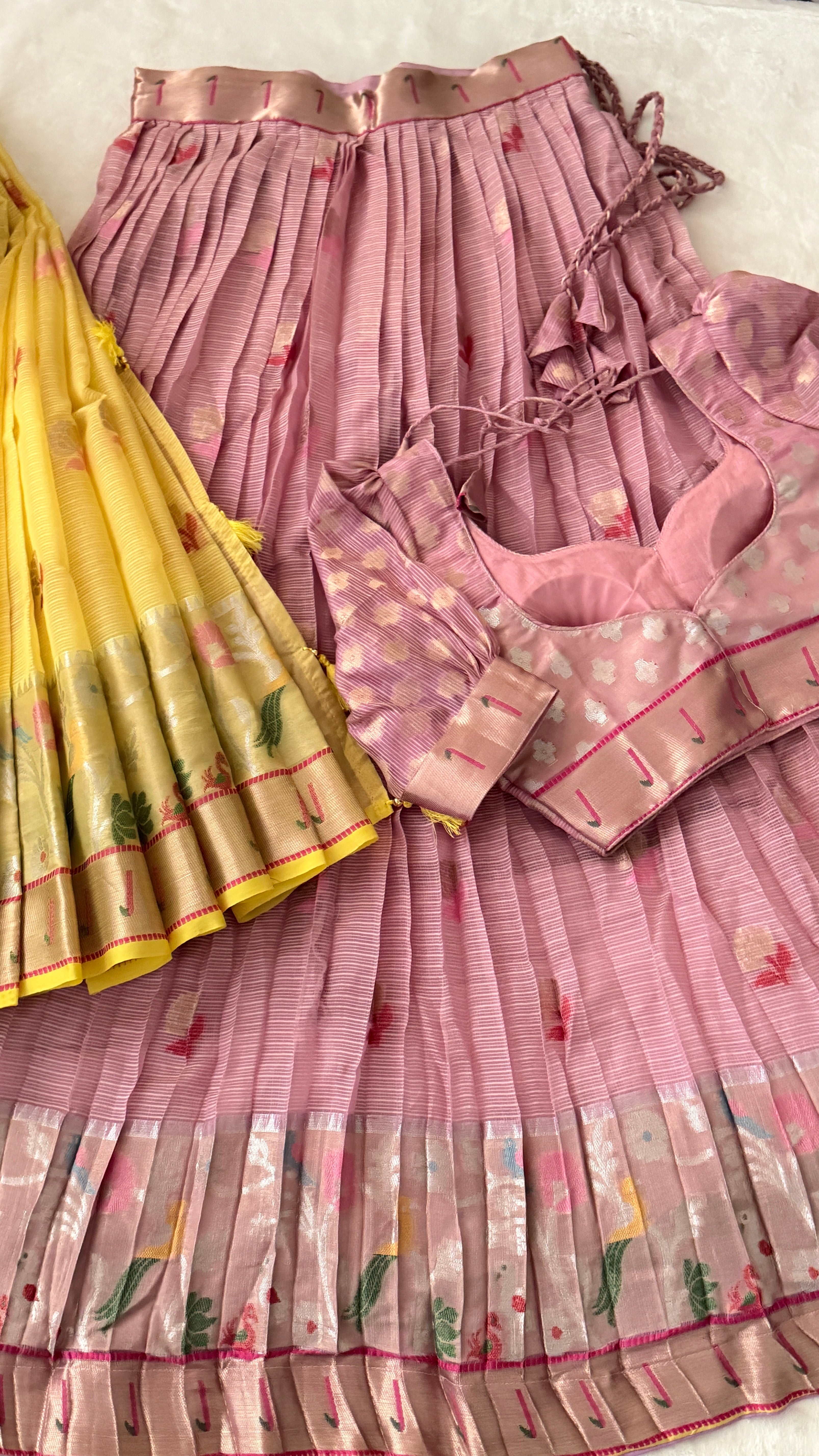 Pink & Lemon Yellow Kuppadam Silk Langa Voni