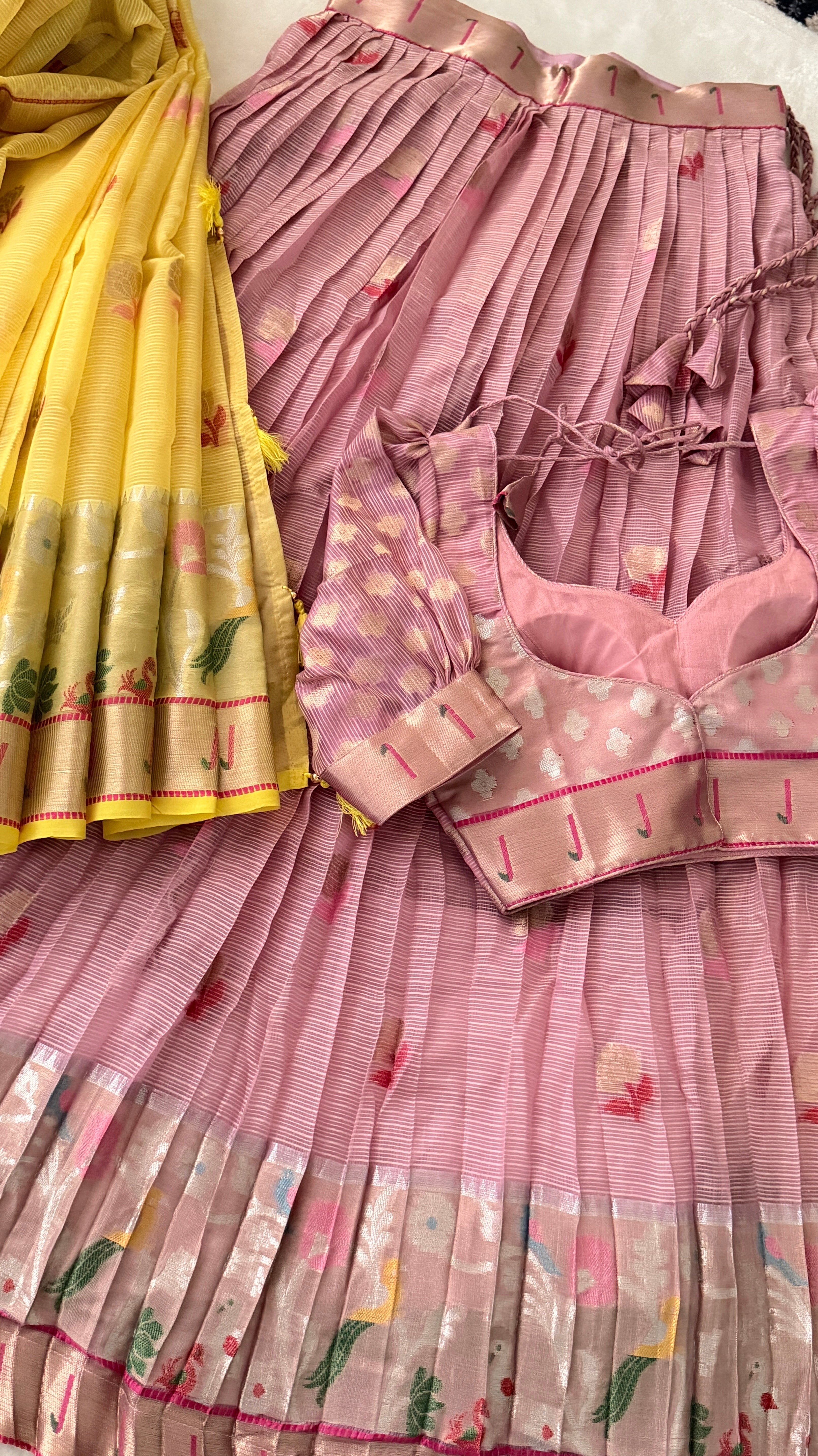 Pink & Lemon Yellow Kuppadam Silk Langa Voni