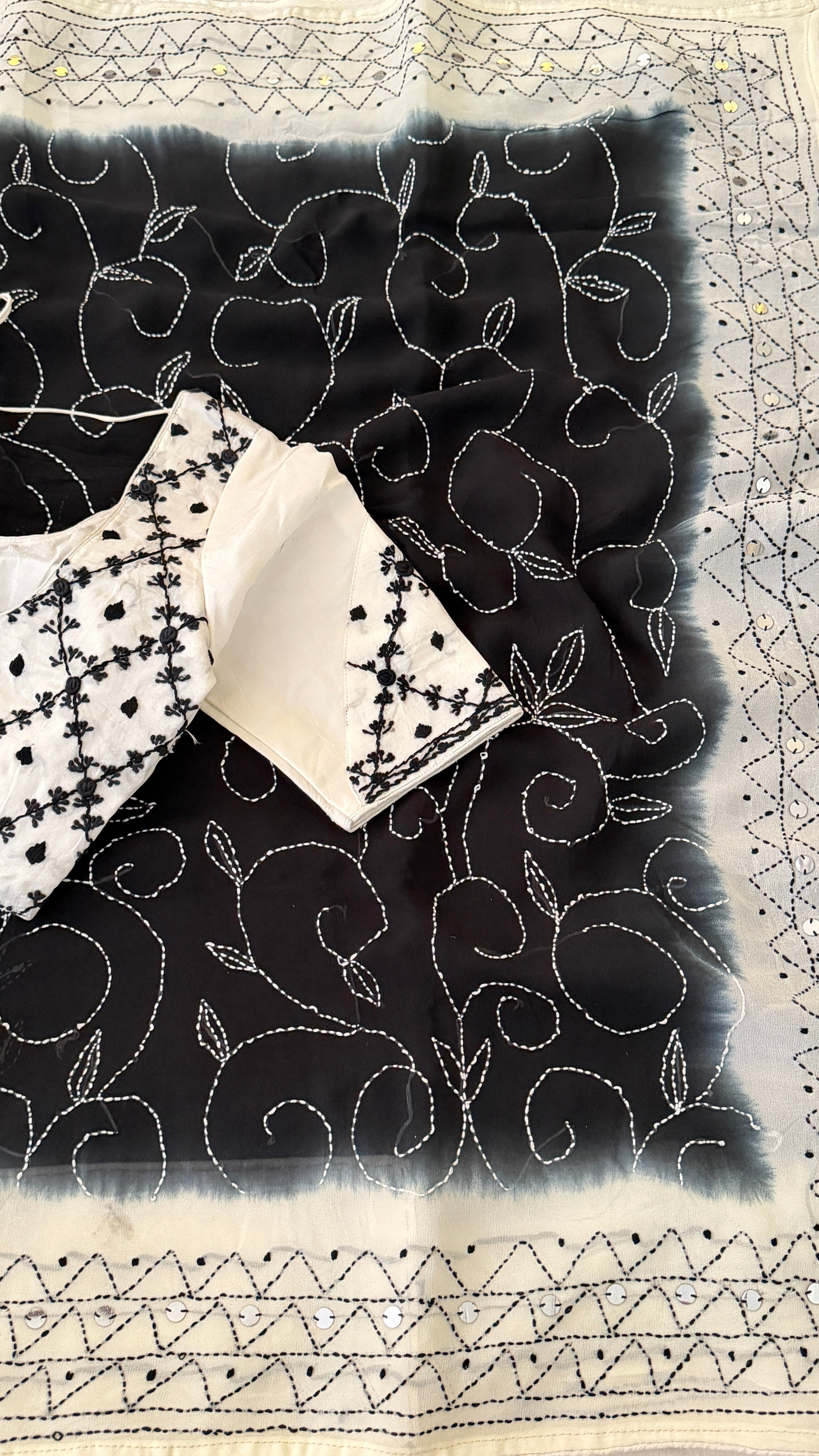 Black & White Katha Georgette Saree